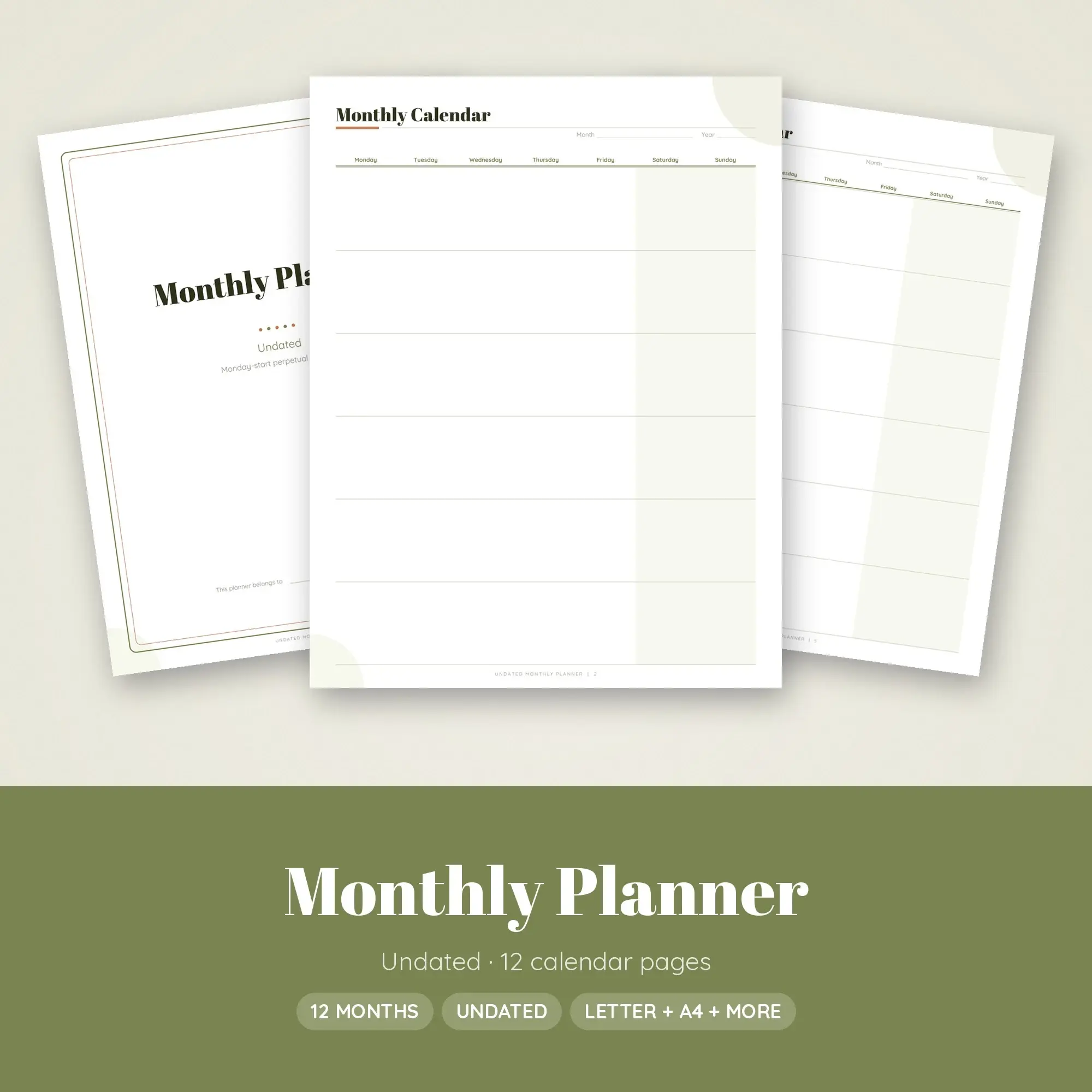 Natural Undated Monthly Calendar Printable, 12 Pages preview