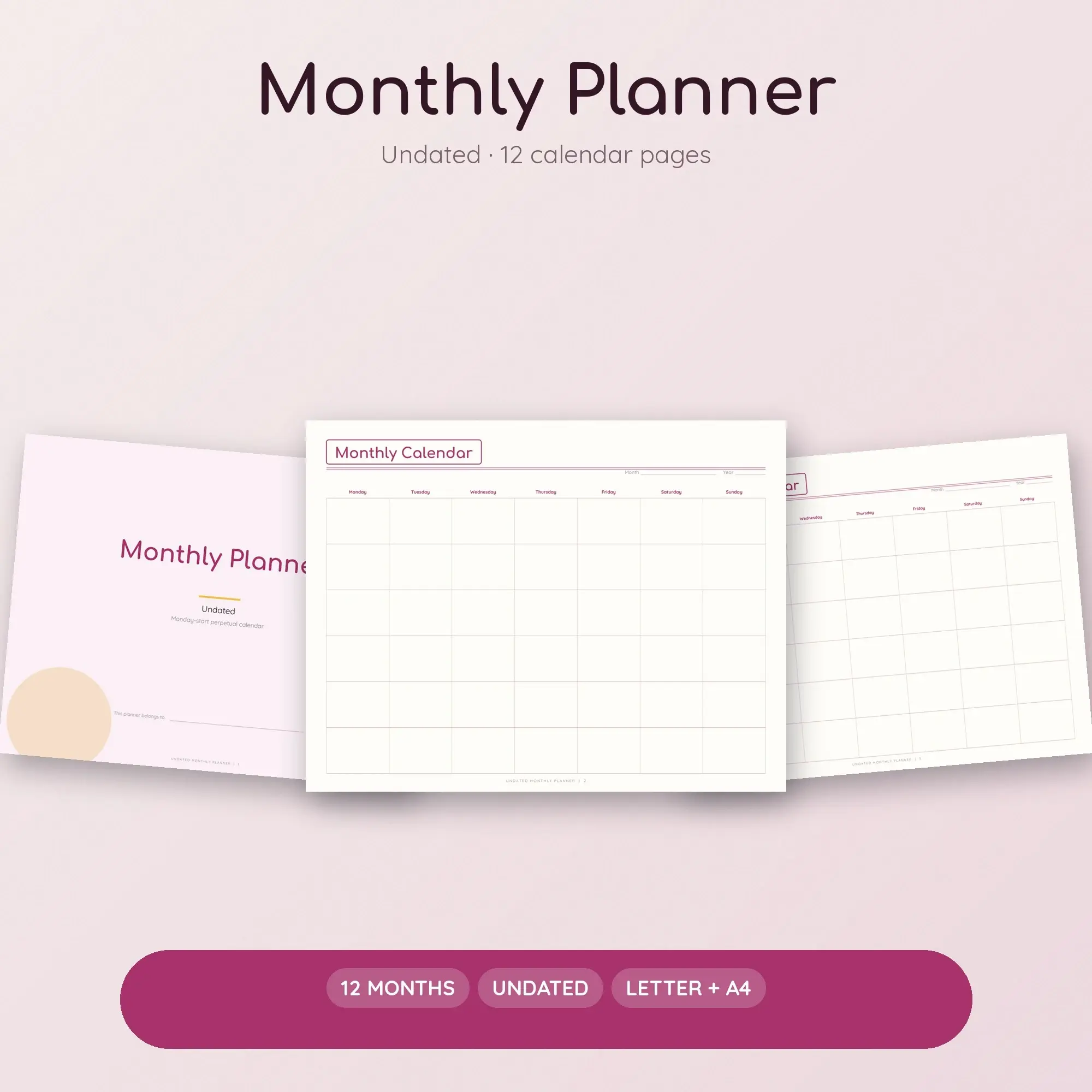 Undated Monthly Planner PDF, Circle Grid, Monday Start - Berry preview