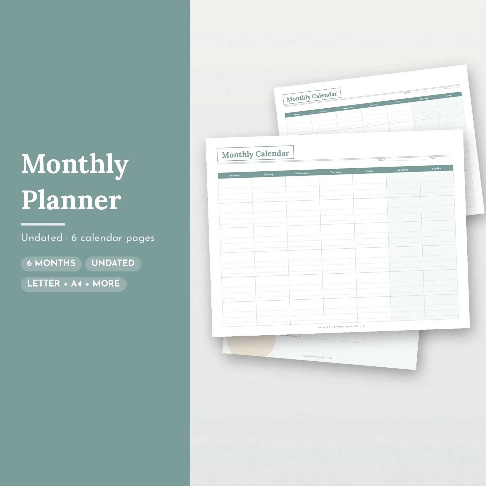 Blank Monthly Calendar Printable, Perpetual Seafoam Refined preview