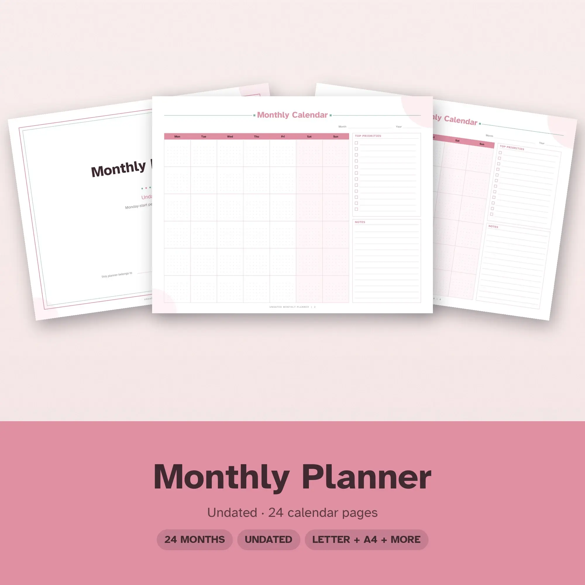 Monthly Calendar Printable Undated - A Layout, Blush preview