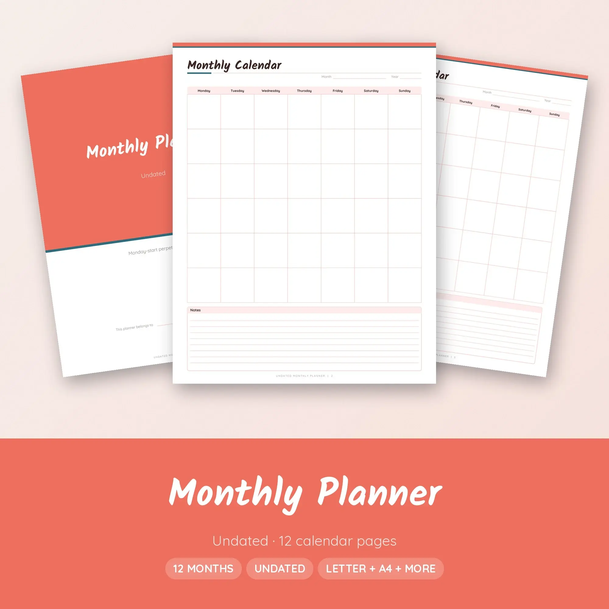 Monthly Planner Printable, Undated Calendar Coral PDF preview