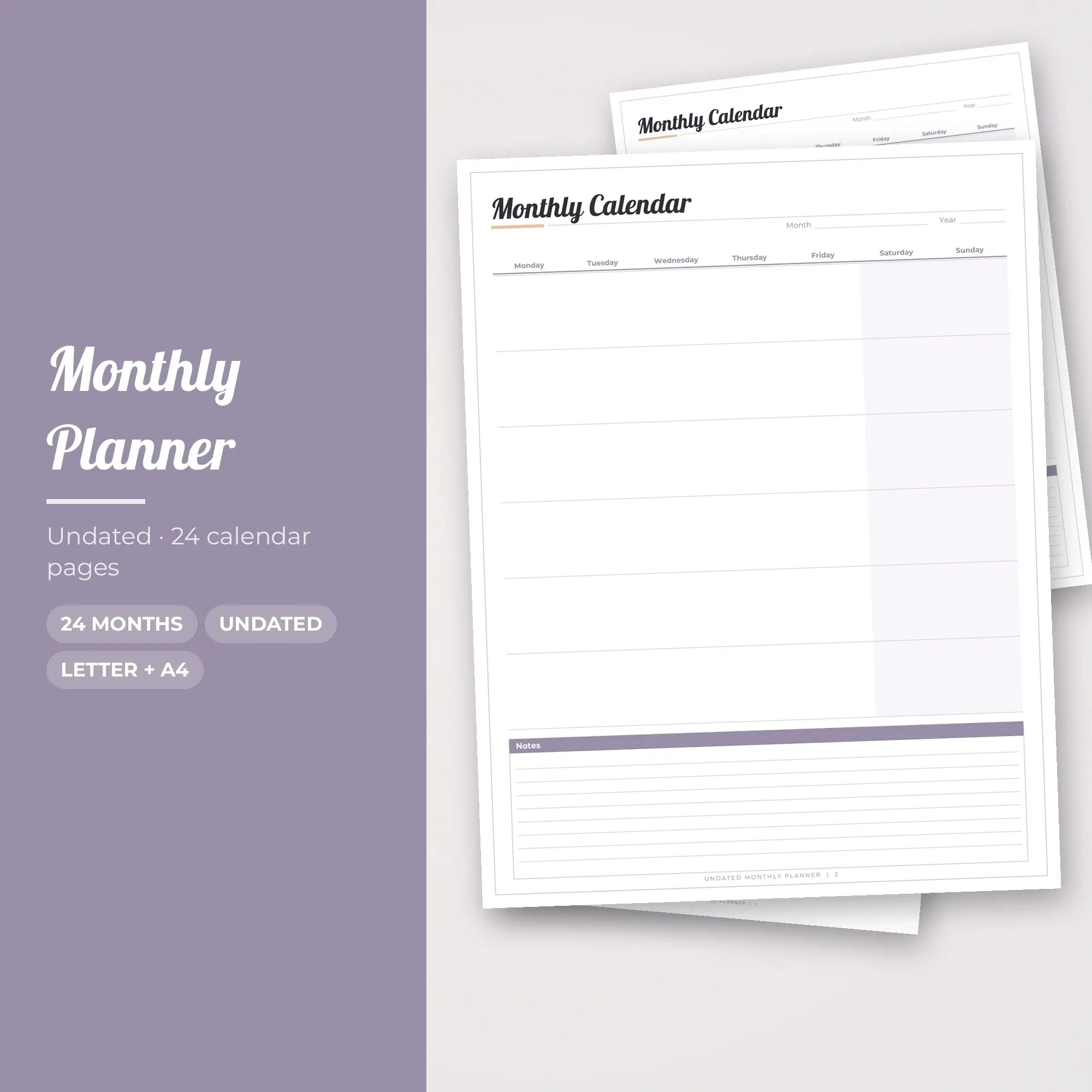 Dreamy Undated Monthly Calendar Printable, 24 Pages preview