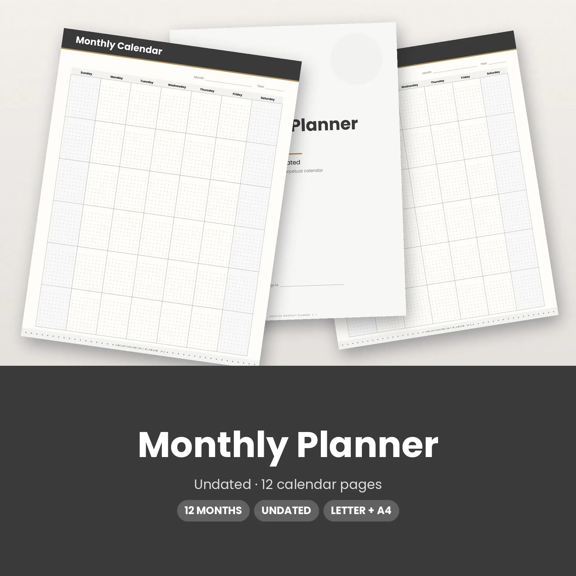 Monthly Calendar Printable Undated - A Layout, Charcoal preview