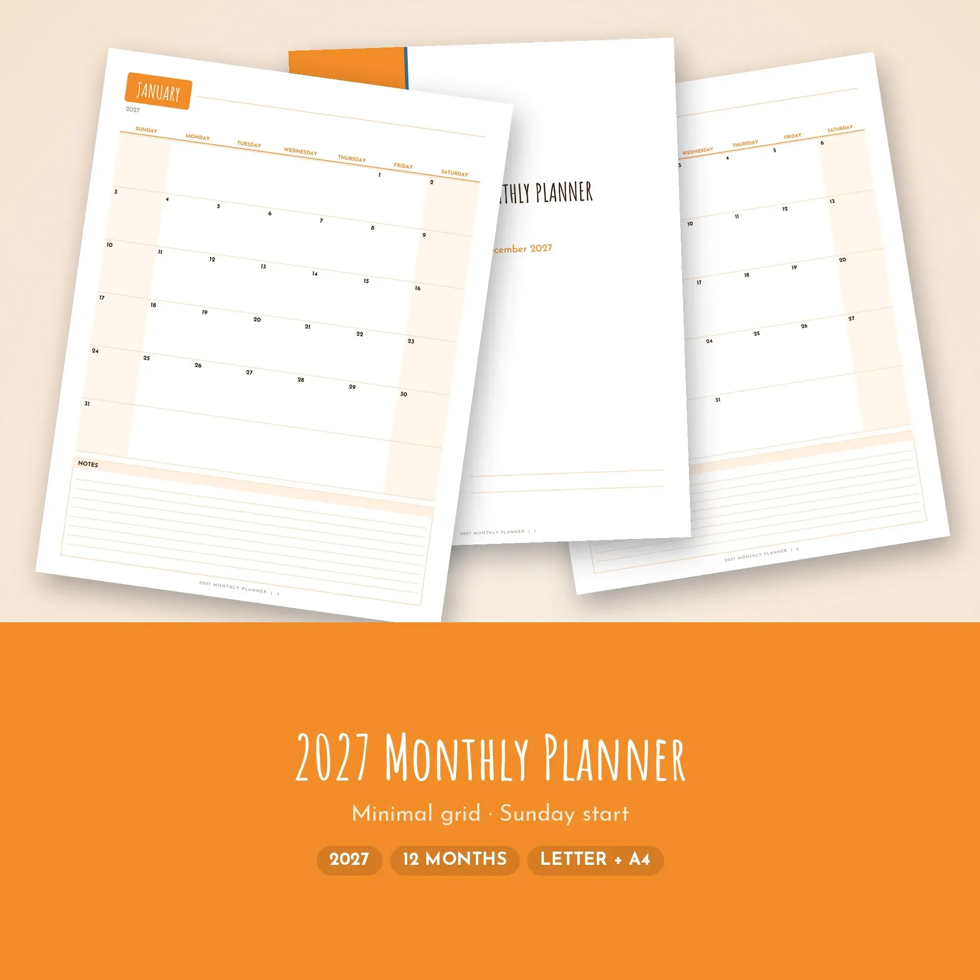 2027 Monthly Calendar Printable - Minimal Grid, Sunday Start preview