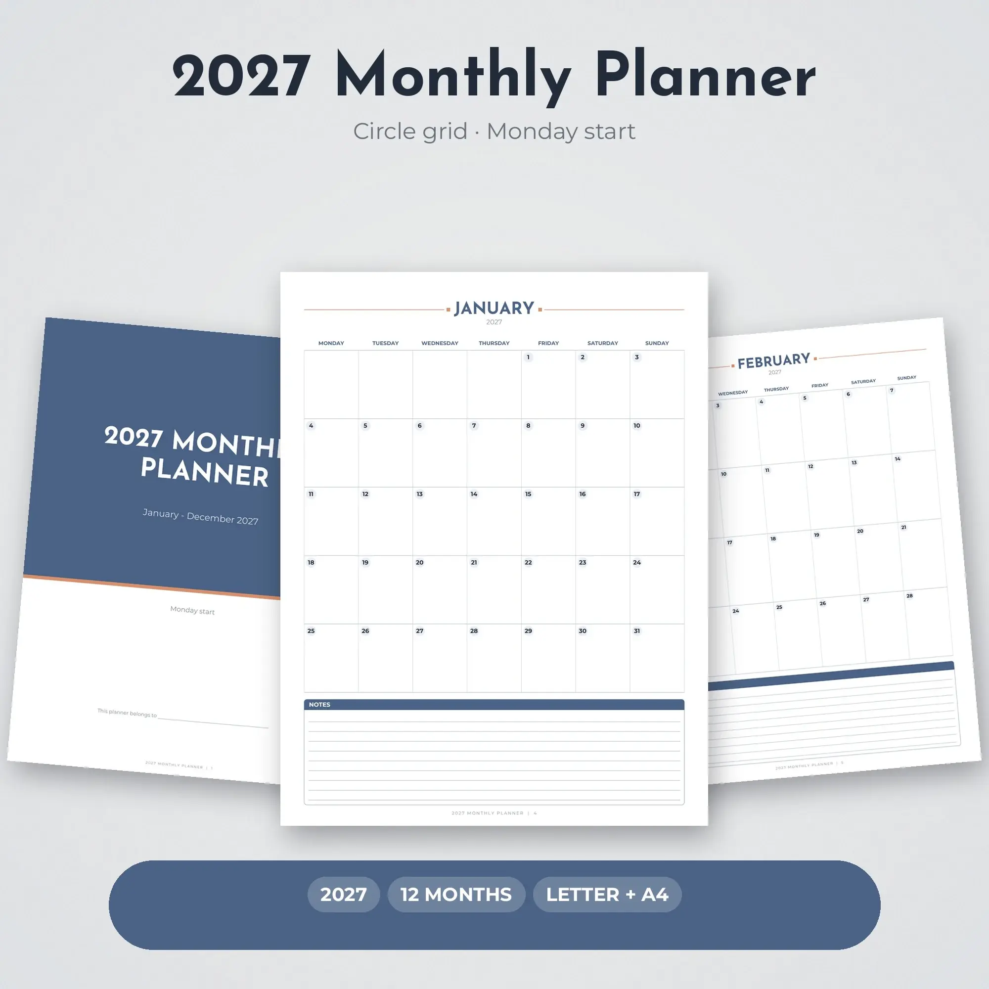 Printable 2027 Monthly Planner, 12 Months, Slate Blue preview