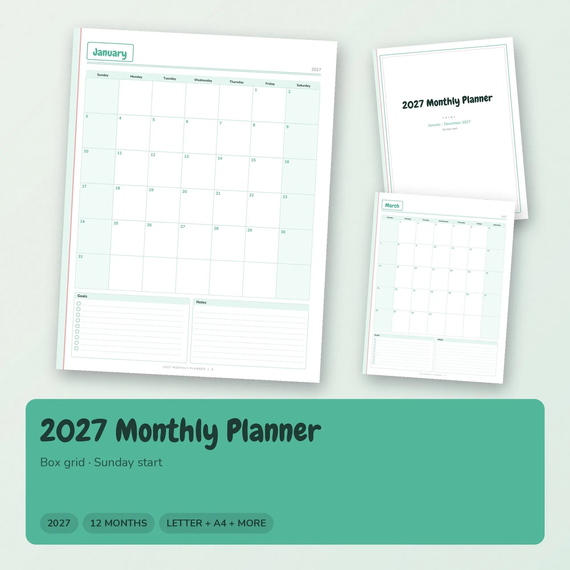 2027 Monthly Planner Printable, Cheerful Mint PDF preview