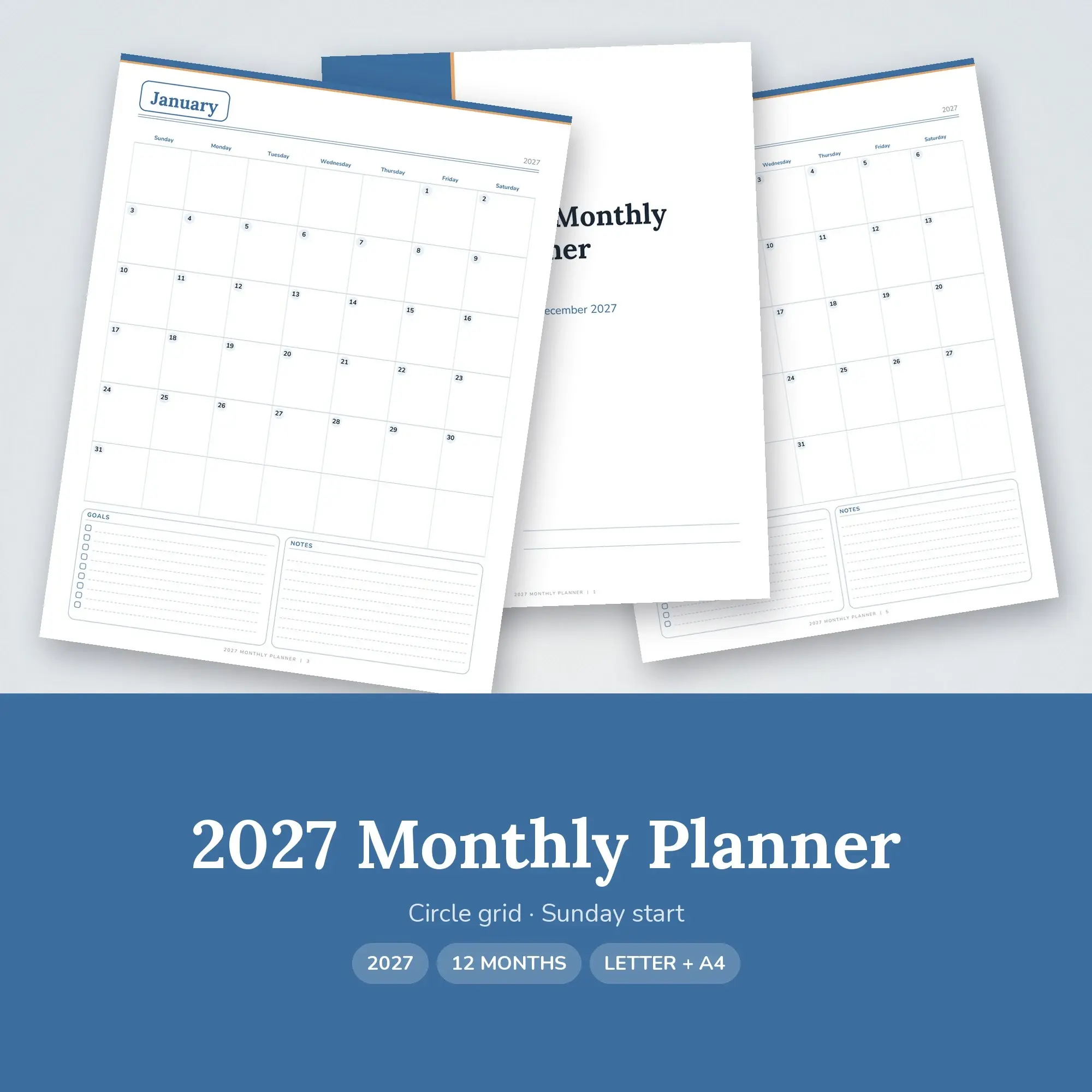 Printable 2027 Monthly Planner, 12 Months, Denim preview