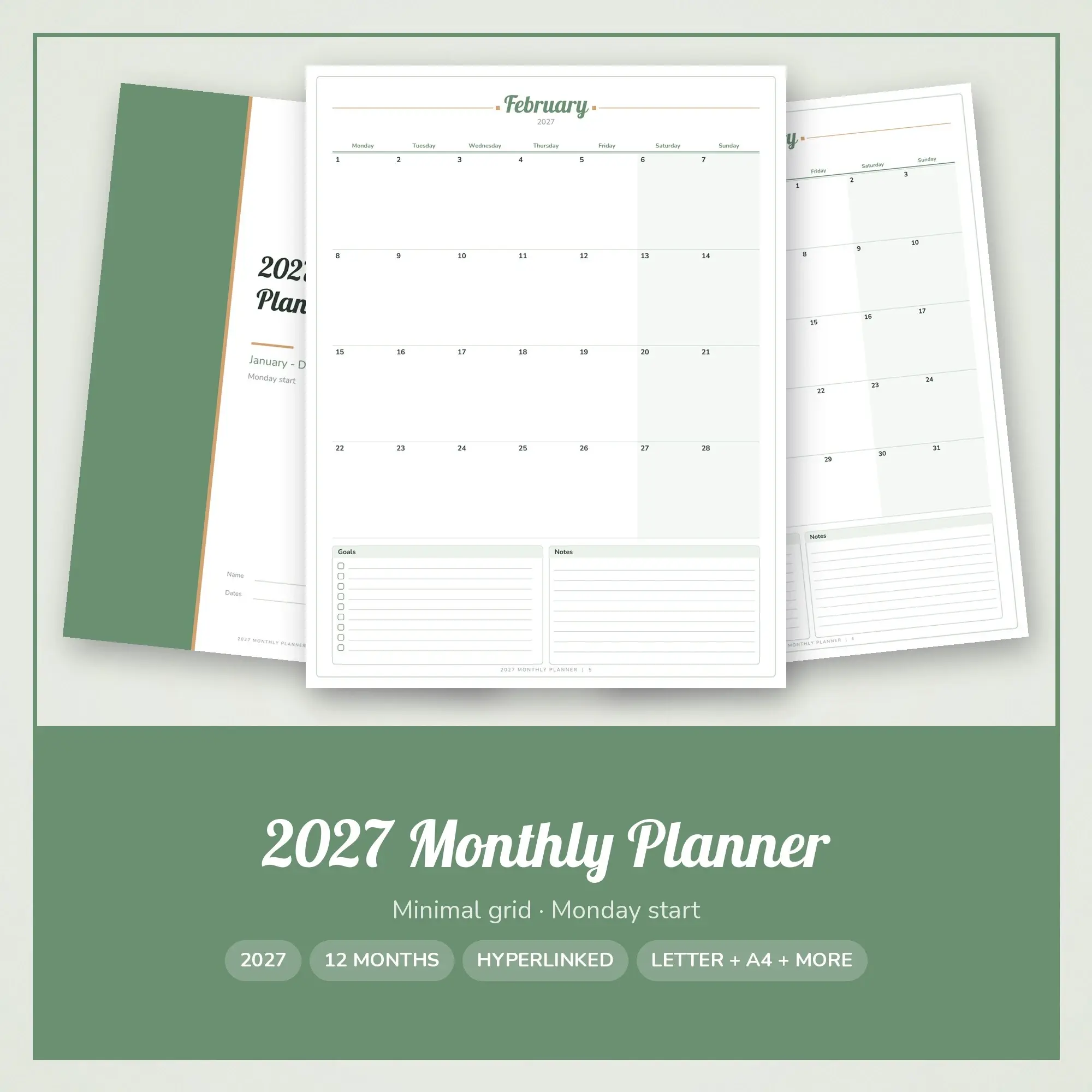 2027 Monthly Planner Clickable Tabs PDF, Digital + Print, Sage preview