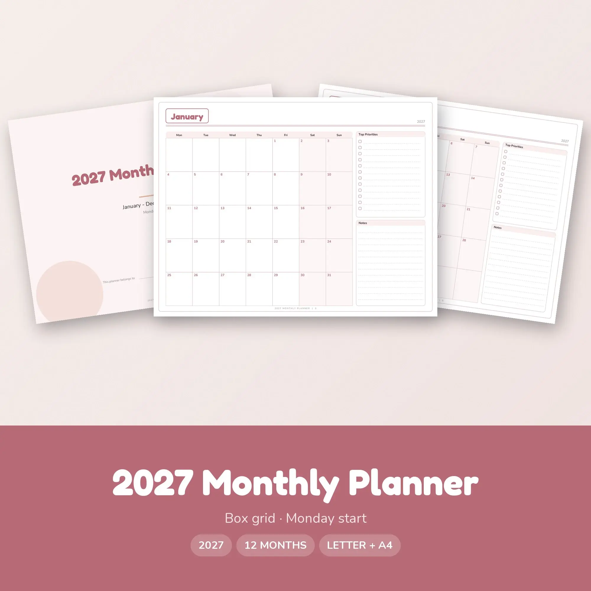 2027 Monthly Planner Printable, Cute Dusty Rose PDF preview