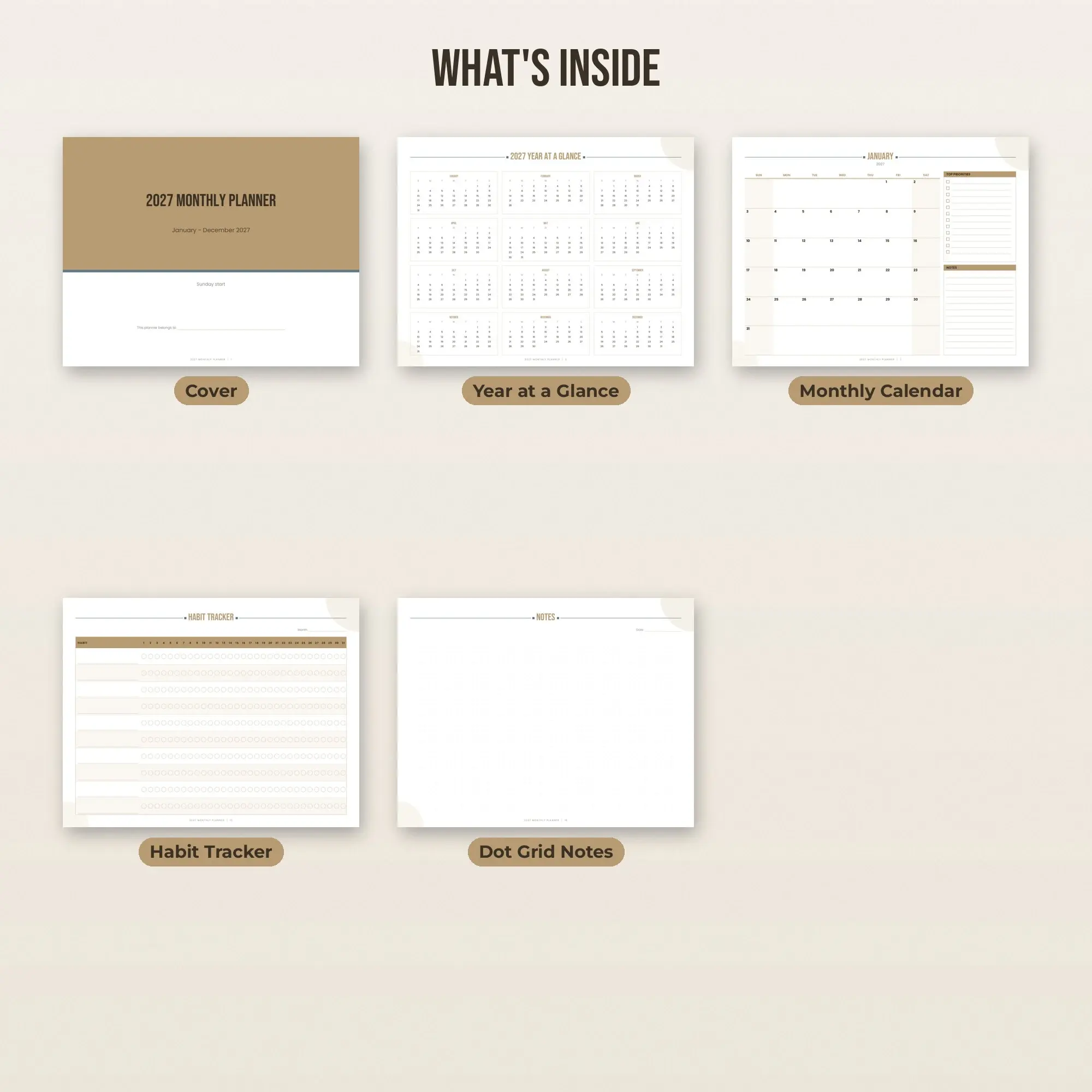 2027 Monthly Calendar Printable - Minimal Grid, Sunday Start (Letter A4 A5), preview 2 of 2