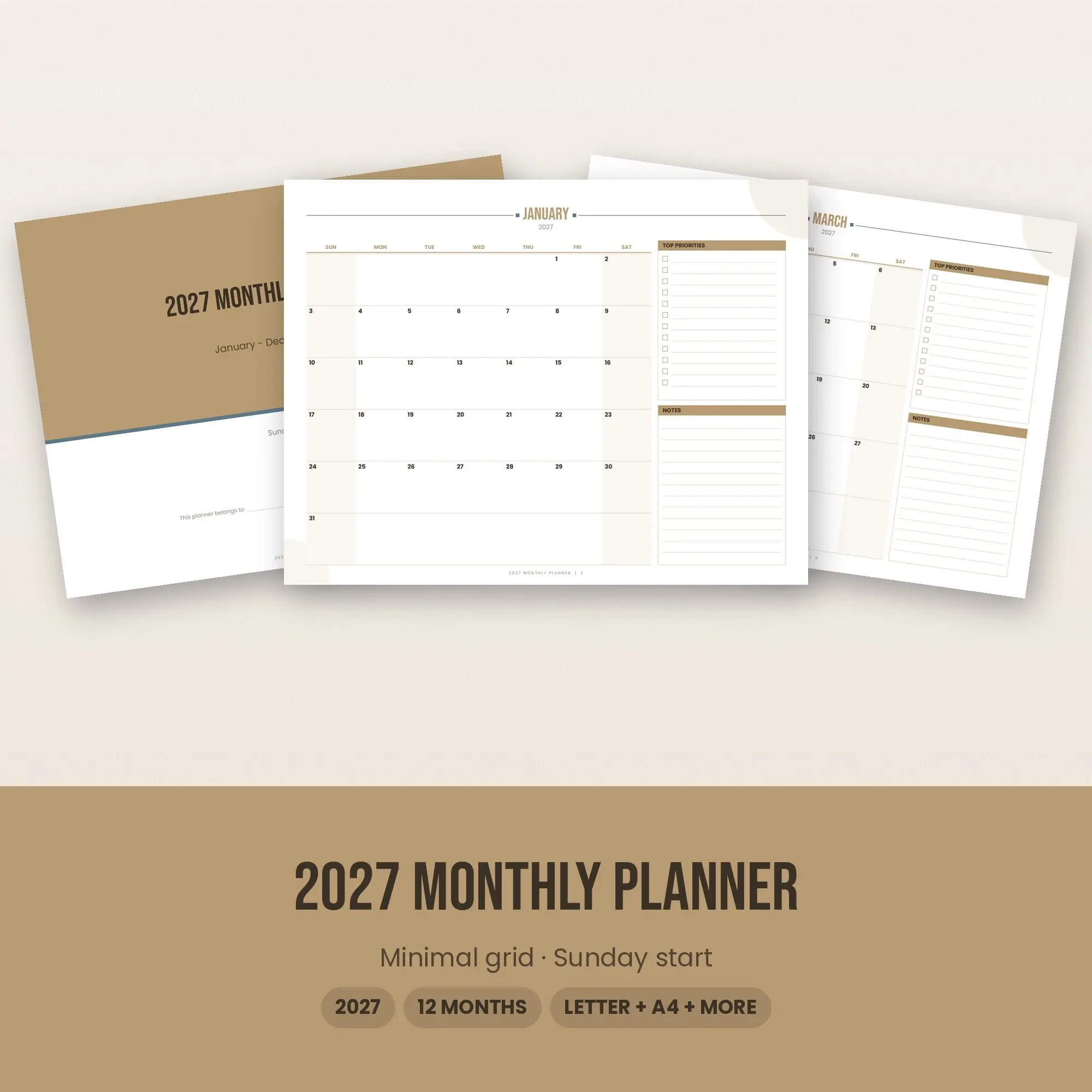 2027 Monthly Calendar Printable - Minimal Grid, Sunday Start (Letter A4 A5) preview