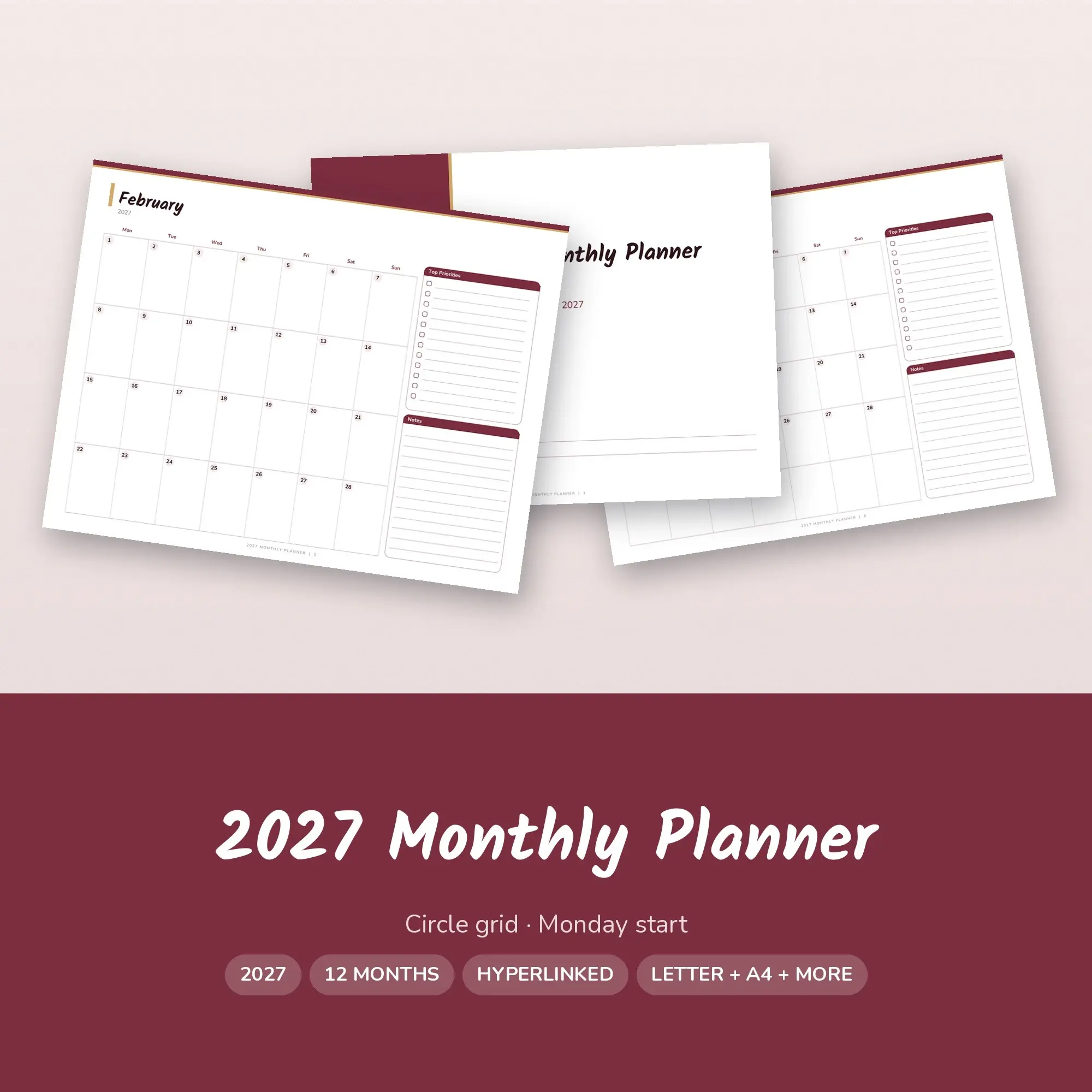Hyperlinked 2027 Monthly Calendar for Tablet + Printable, Casual preview