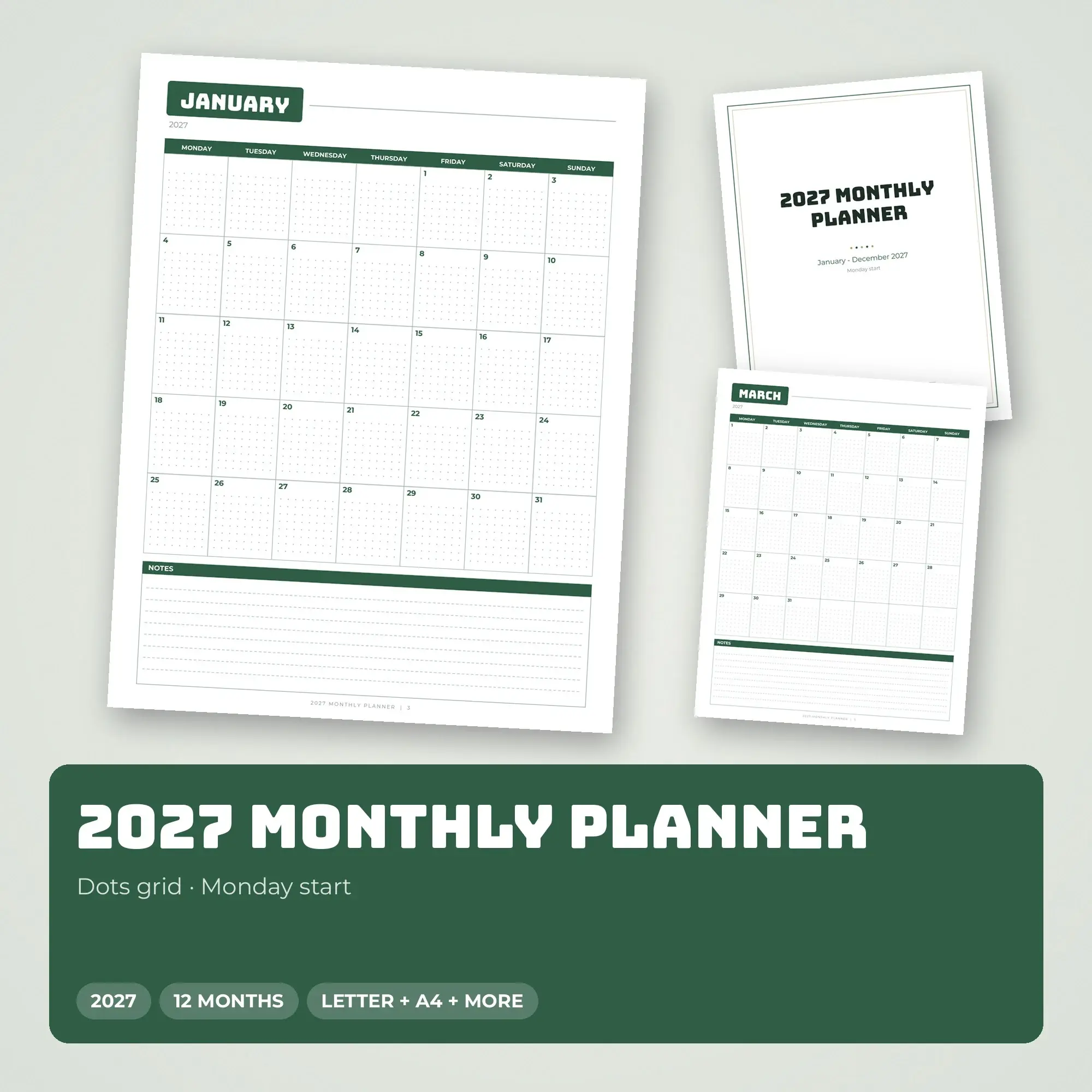 Forest 2027 Monthly Calendar Pages, Letter A4 PDF preview