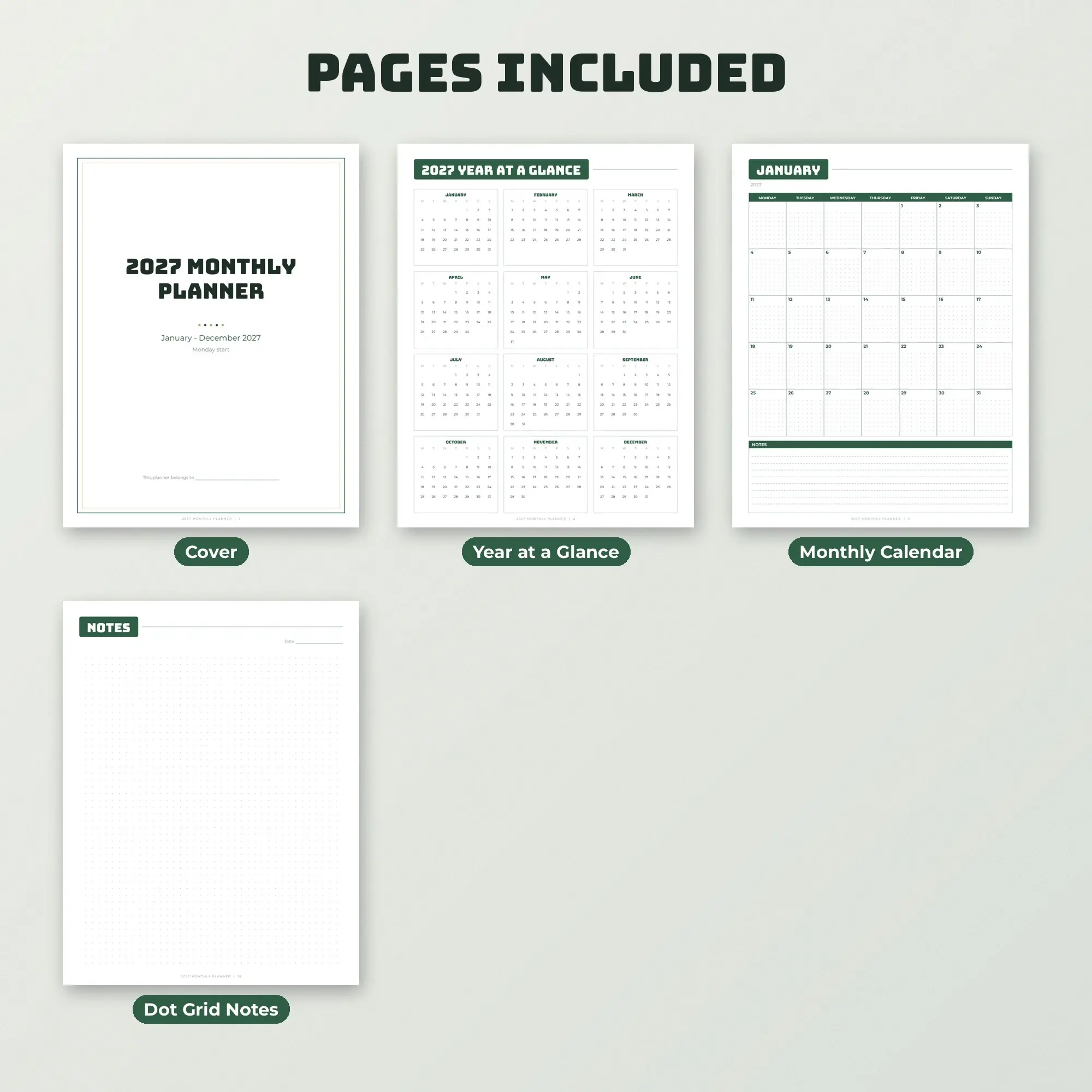 Forest 2027 Monthly Calendar Pages, Letter A4 PDF, preview 2 of 2