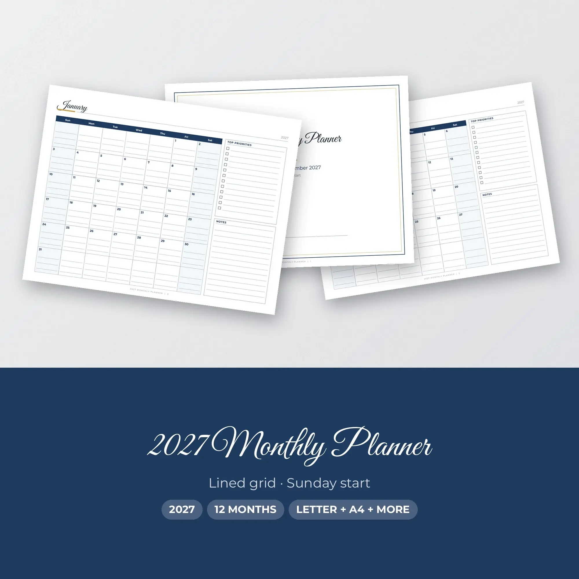 2027 Calendar Planner Printable PDF, Calligraphy, Dated Months preview