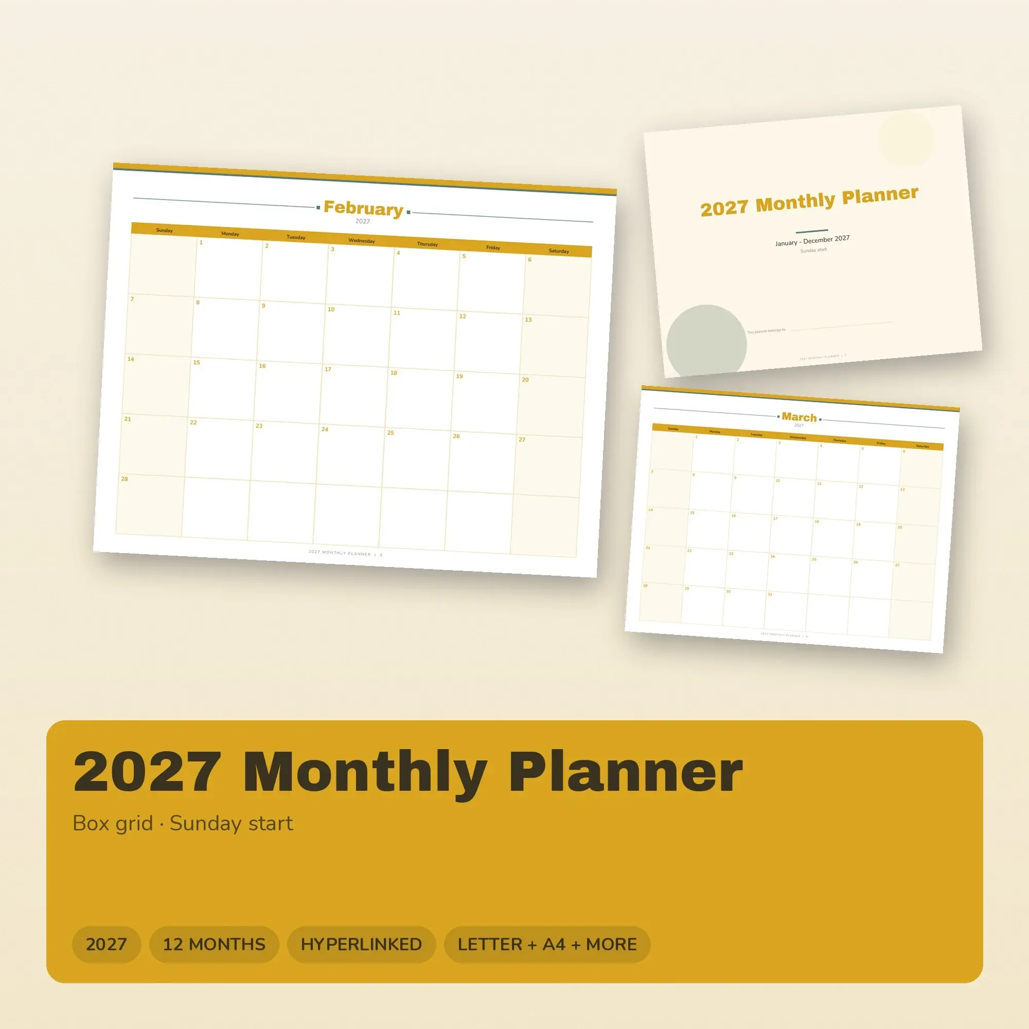 2027 Monthly Planner Clickable Tabs PDF, Digital + Print, Mustard preview