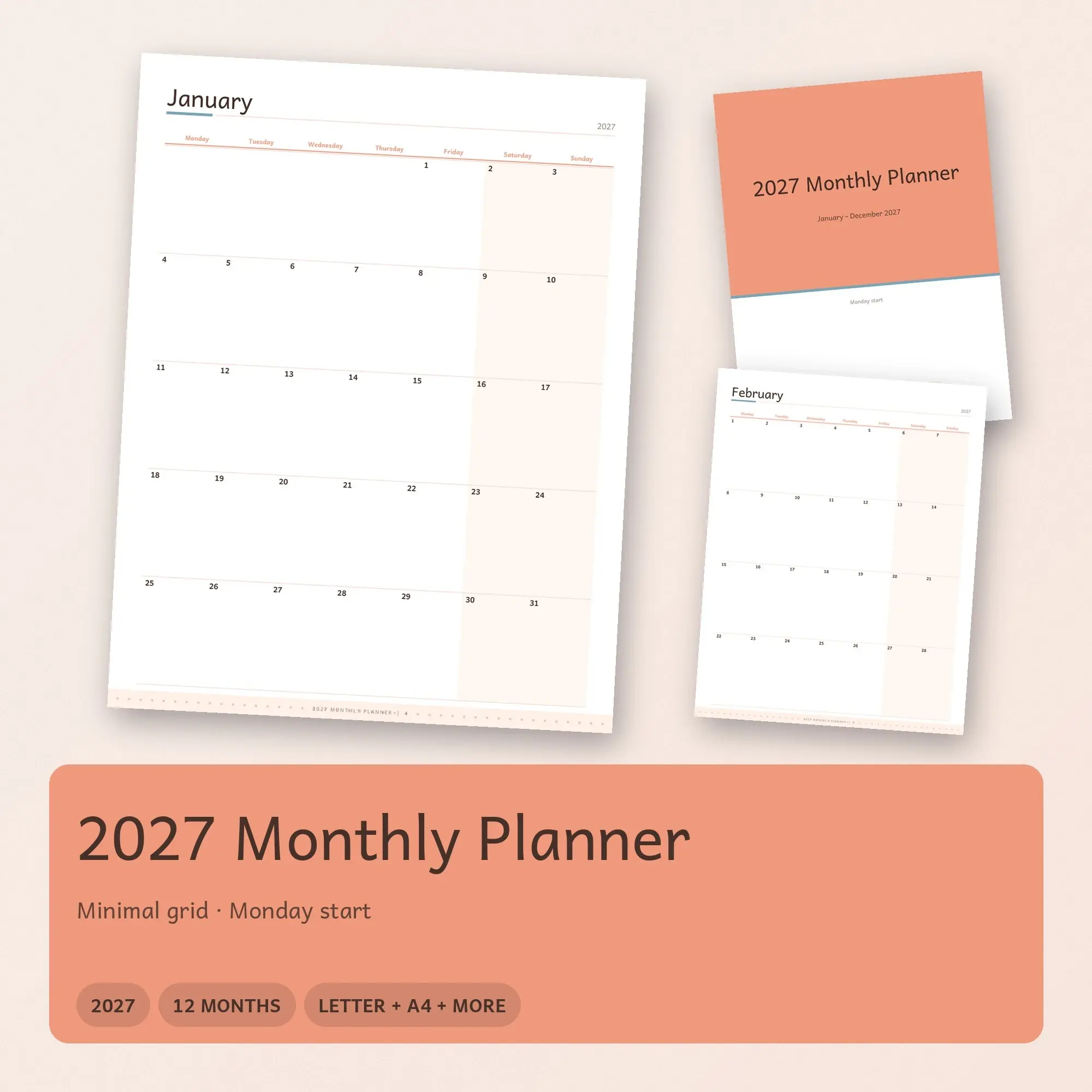 2027 Monthly Calendar Printable - Minimal Grid, Monday Start preview