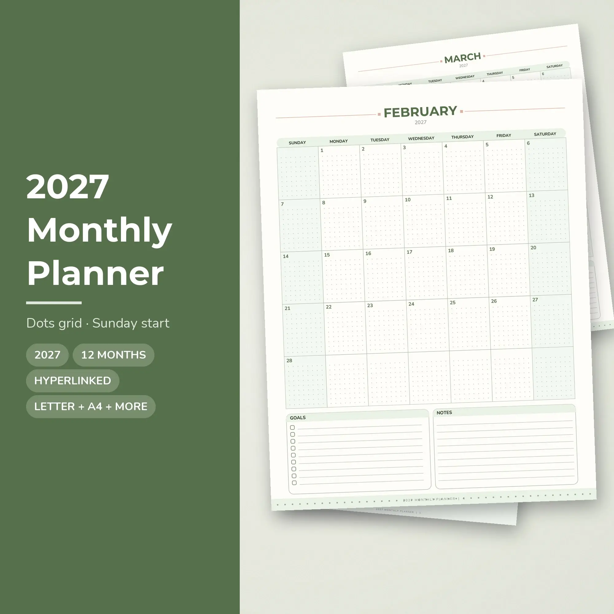 2027 Digital Monthly Planner, Hyperlinked PDF + Printable, Moss preview