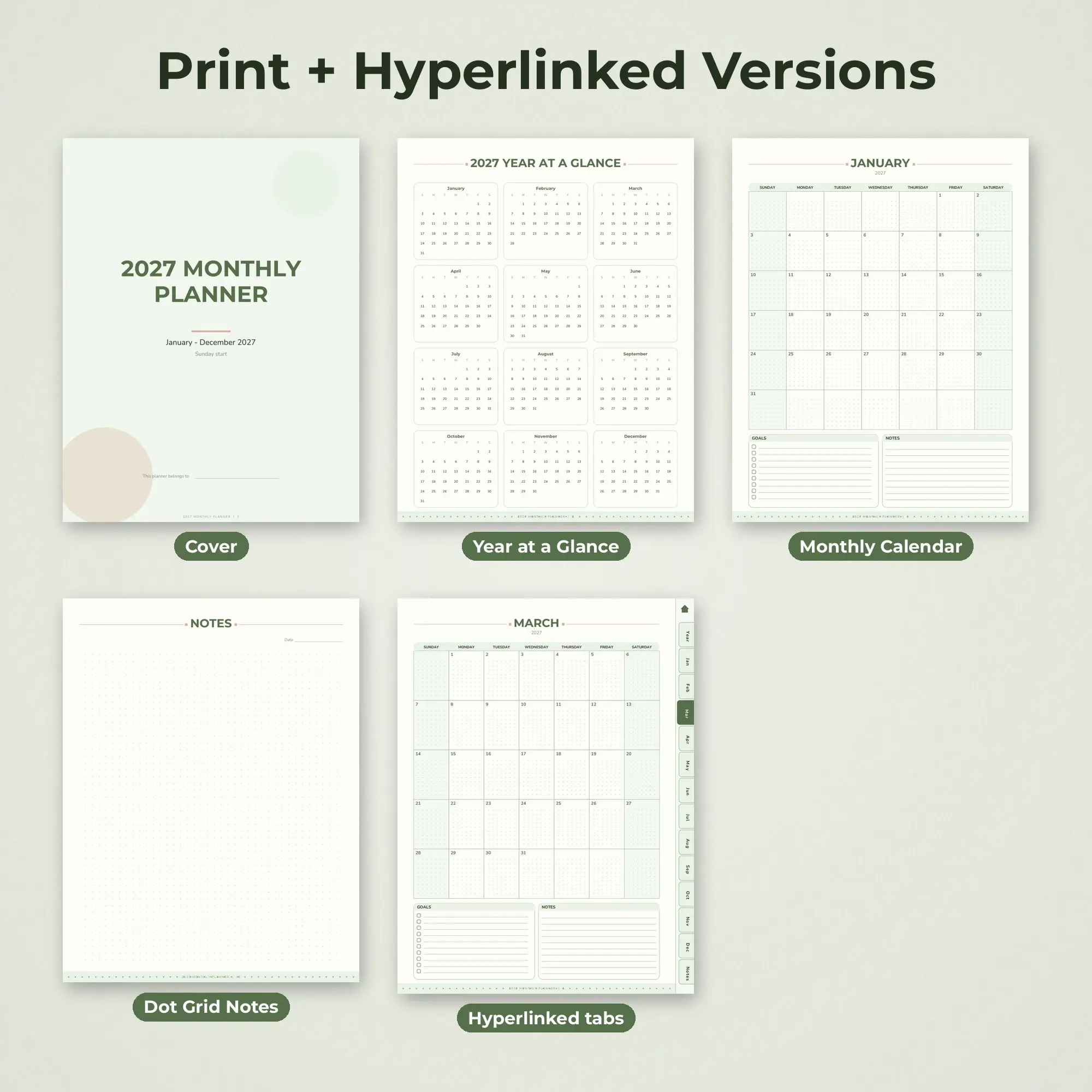 2027 Digital Monthly Planner, Hyperlinked PDF + Printable, Moss, preview 2 of 2
