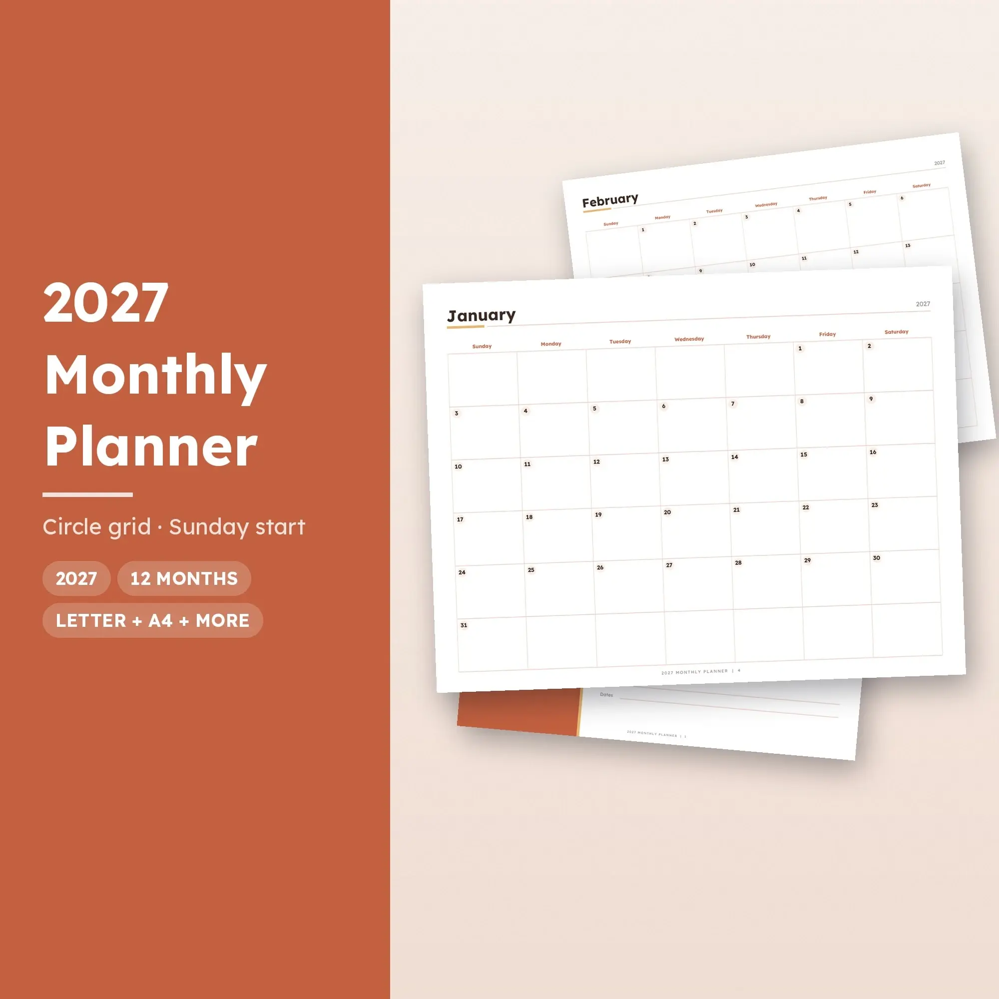 Printable 2027 Monthly Planner, 12 Months, Terracotta preview