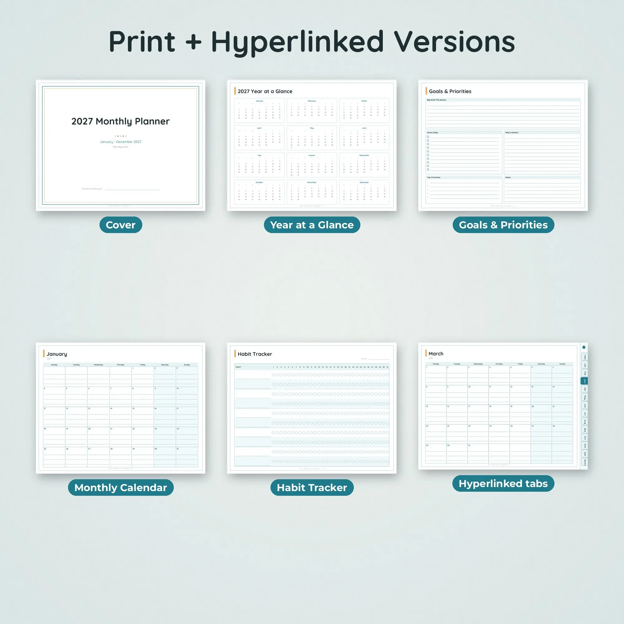 2027 Digital Monthly Planner, Hyperlinked PDF + Printable, Ocean Teal, preview 2 of 2