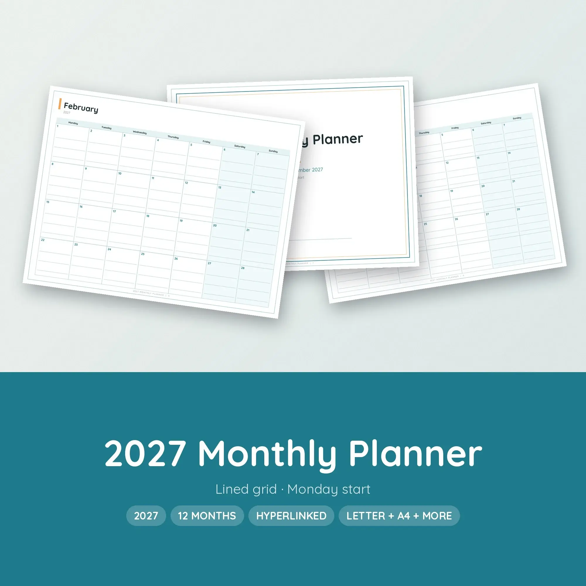 2027 Digital Monthly Planner, Hyperlinked PDF + Printable, Ocean Teal preview