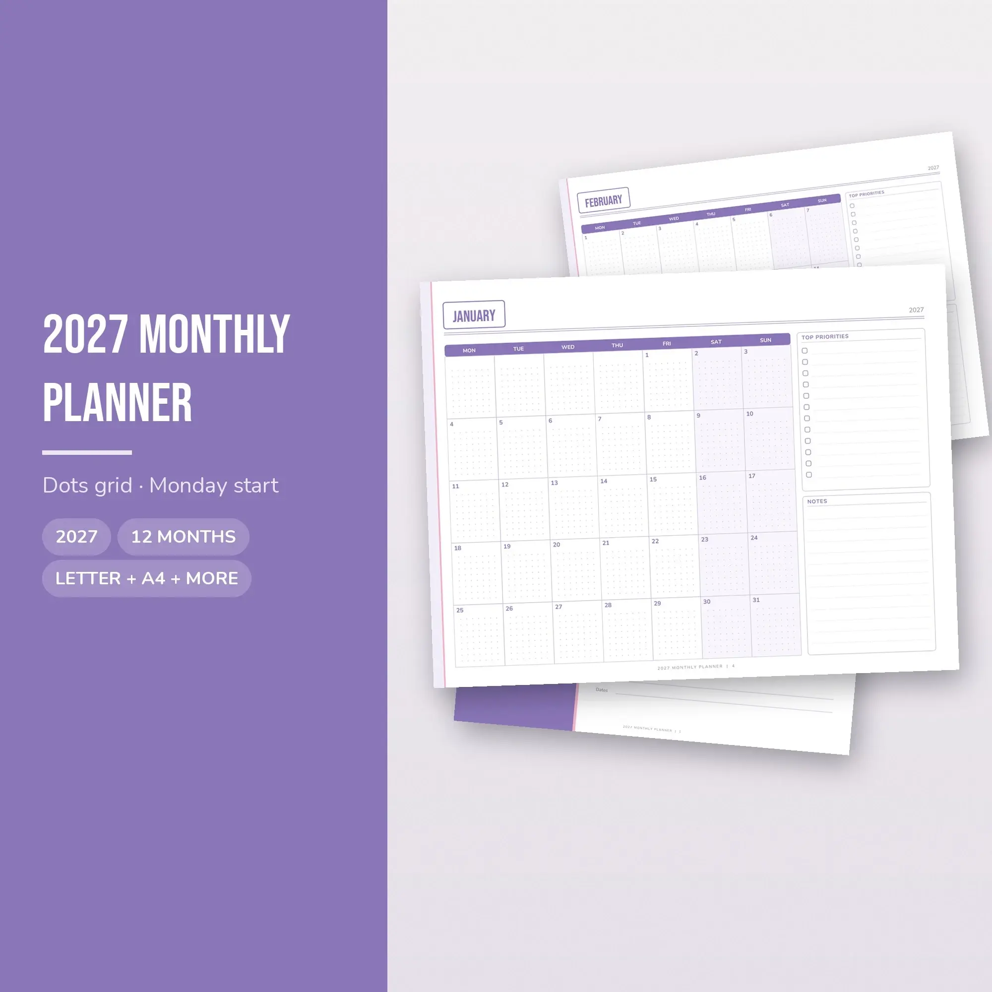 Lavender 2027 Monthly Calendar Pages, Letter A4 PDF preview