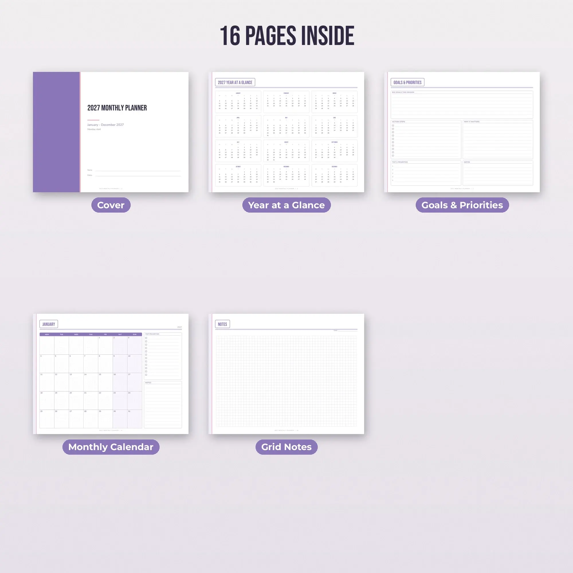 Lavender 2027 Monthly Calendar Pages, Letter A4 PDF, preview 2 of 2