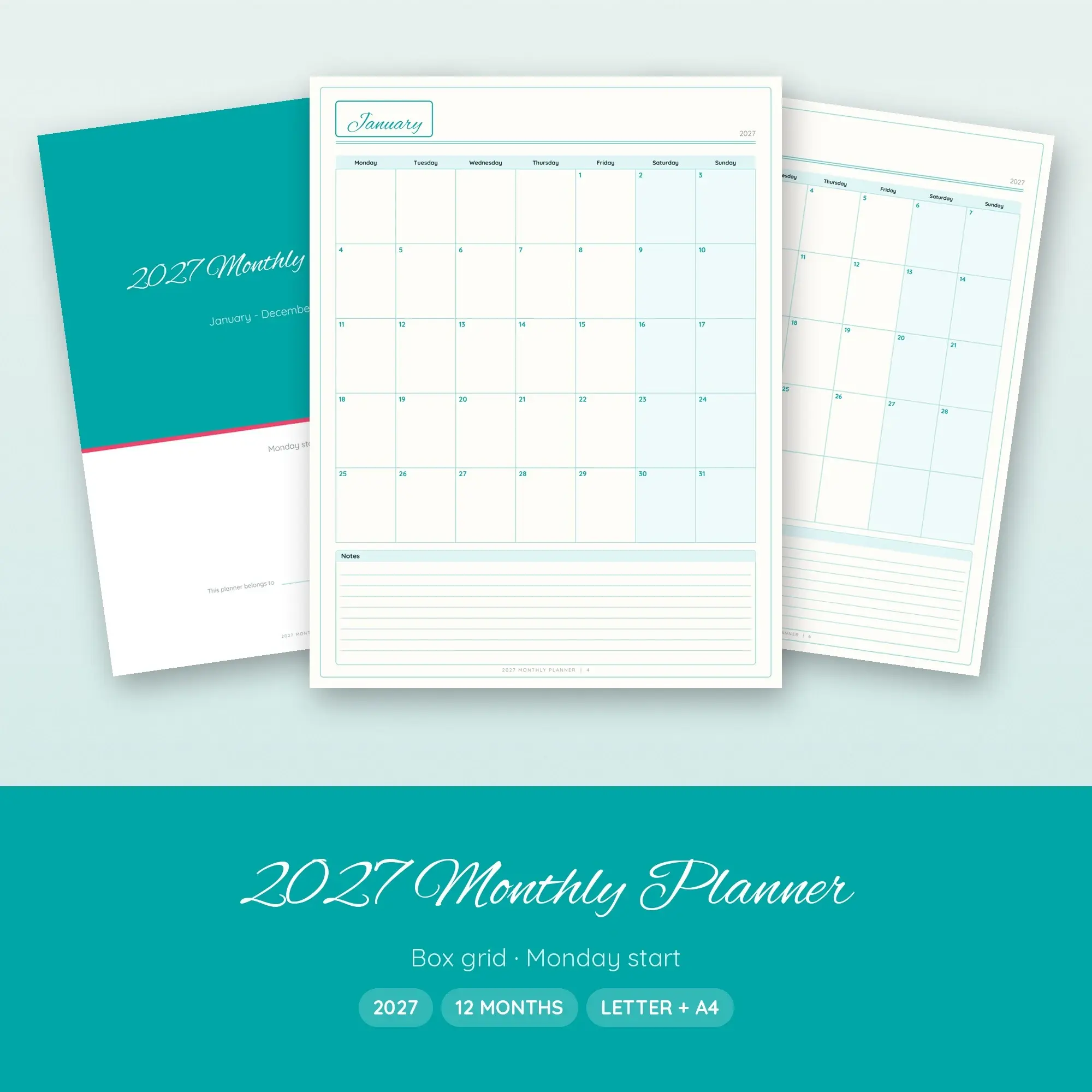 2027 Monthly Planner Printable, Calligraphy Aqua PDF preview