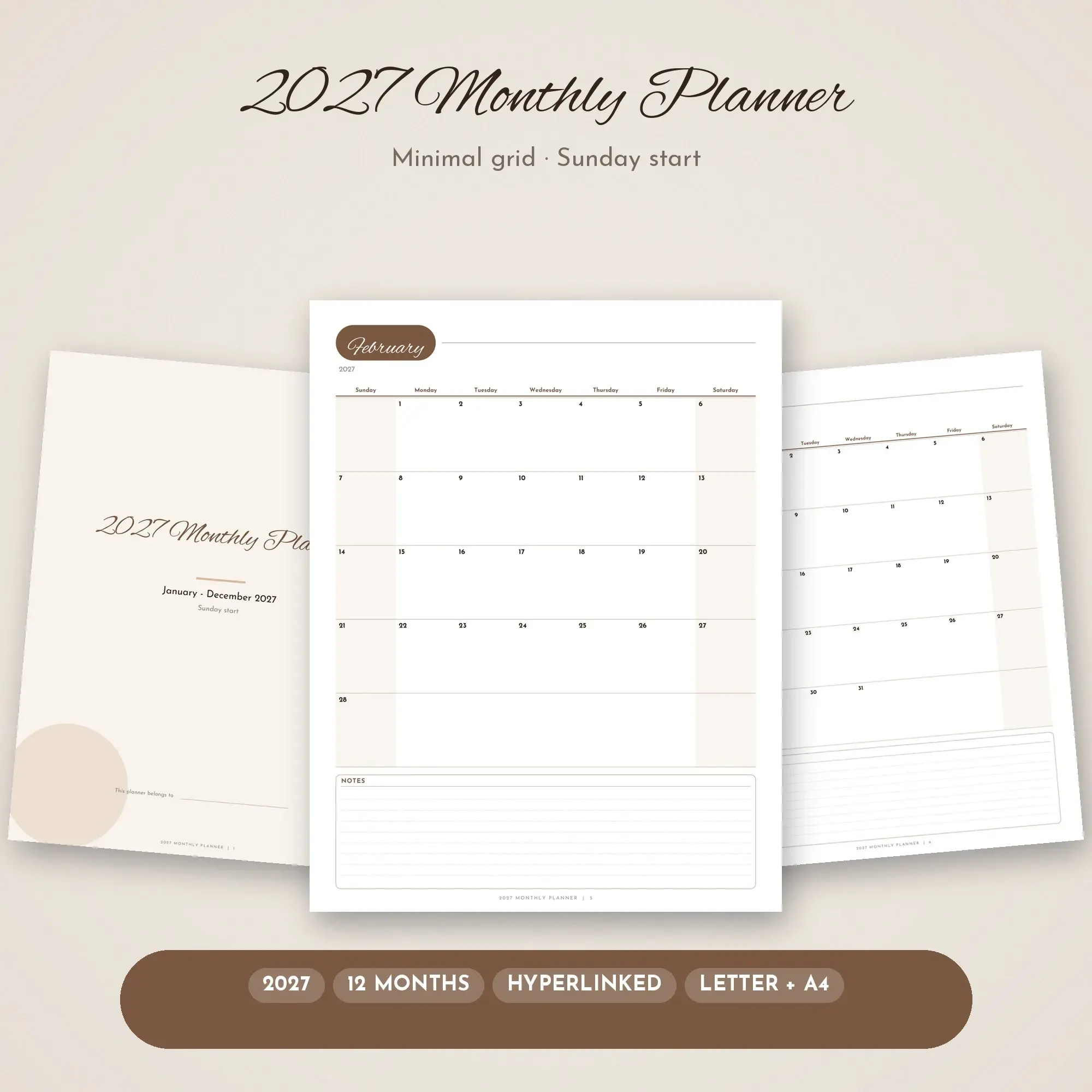 Hyperlinked 2027 Monthly Calendar for Tablet + Printable, Vintage preview