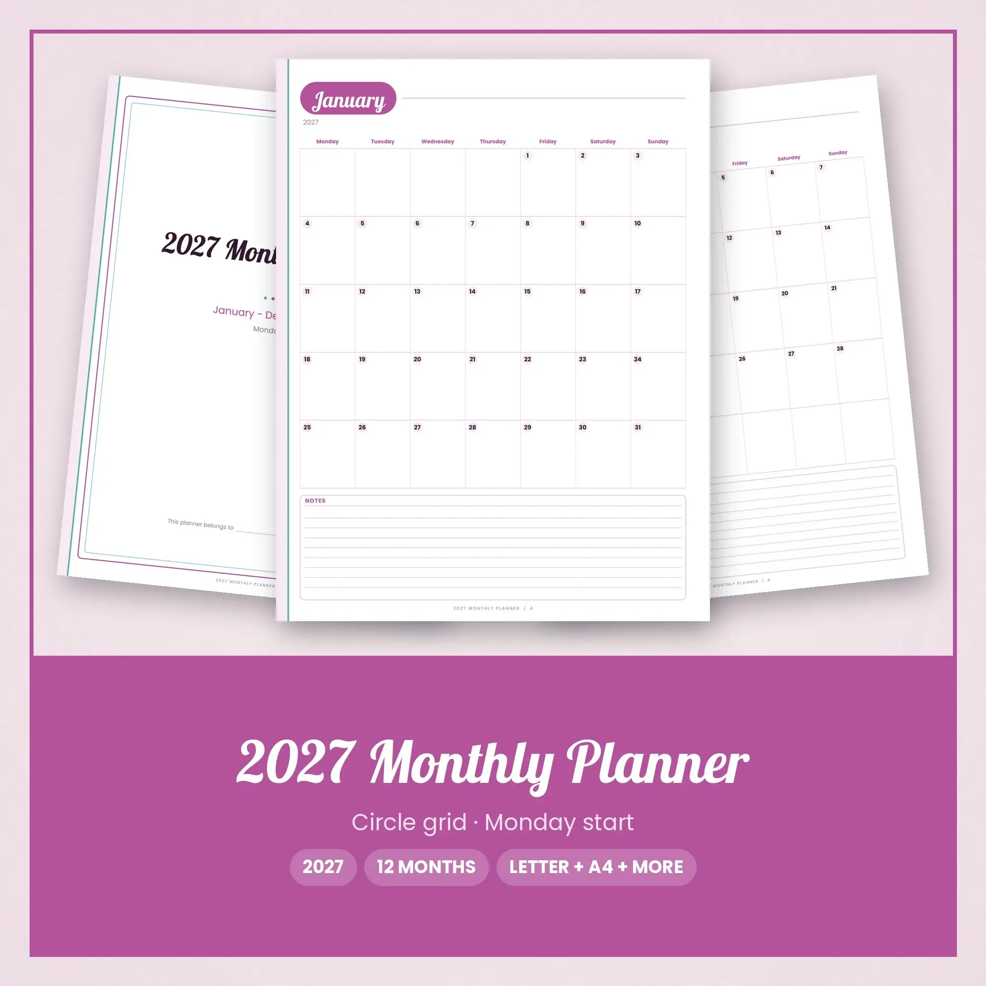 Printable 2027 Monthly Planner, 12 Months, Orchid preview