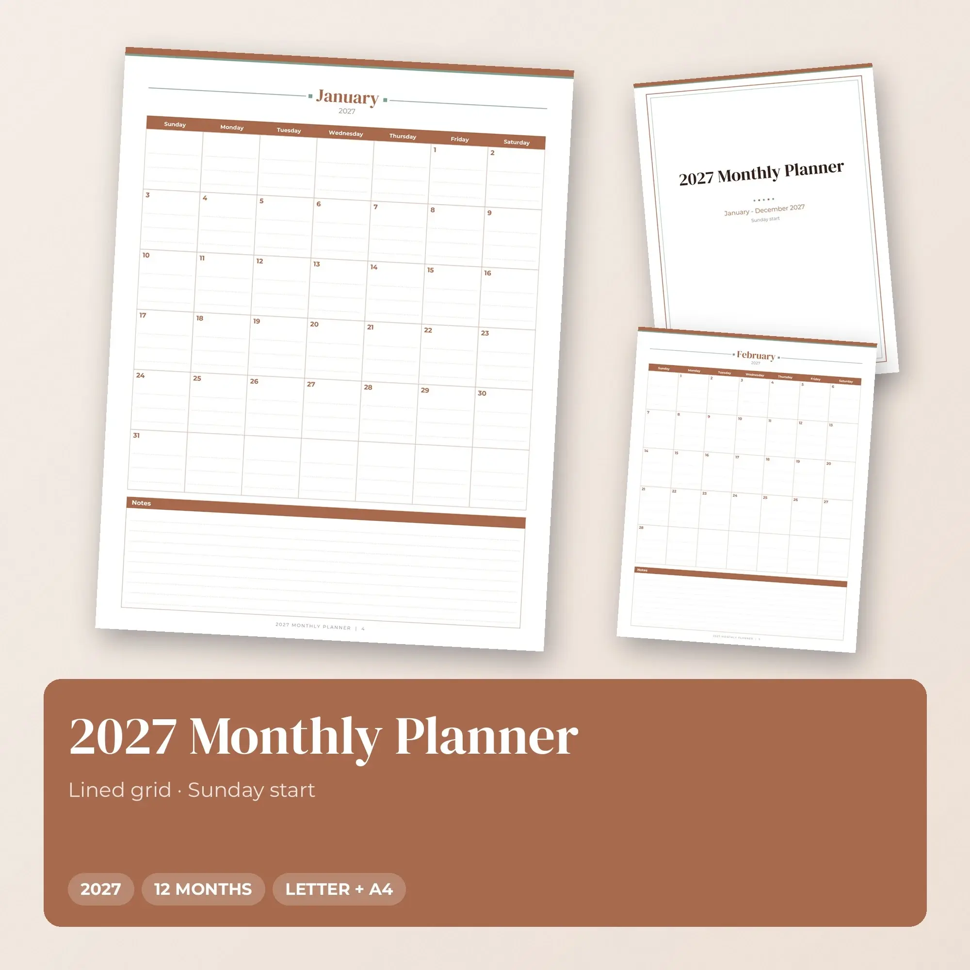 2027 Calendar Planner Printable PDF, Elegant, Dated Months preview