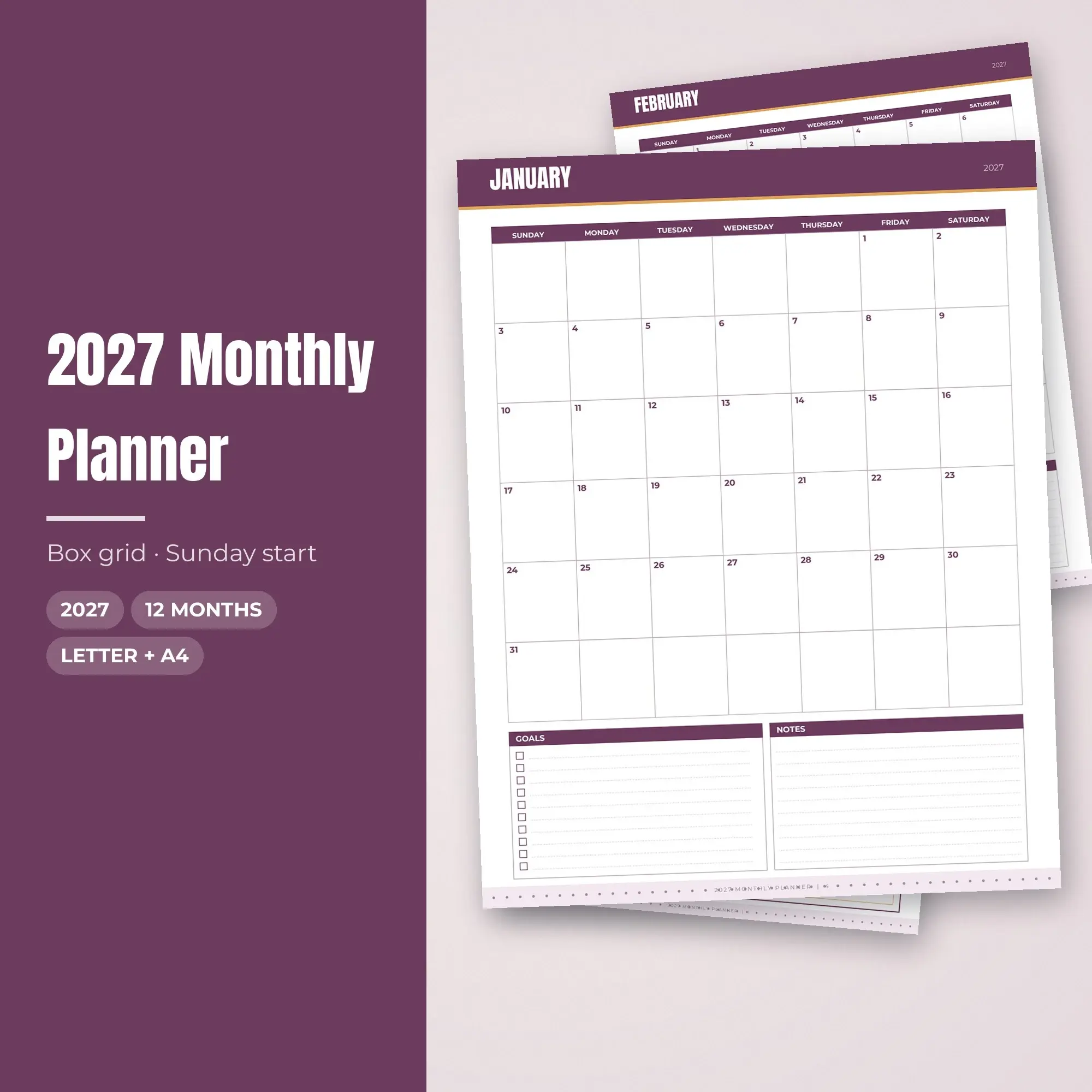 2027 Monthly Planner Printable, Vibrant Plum PDF preview