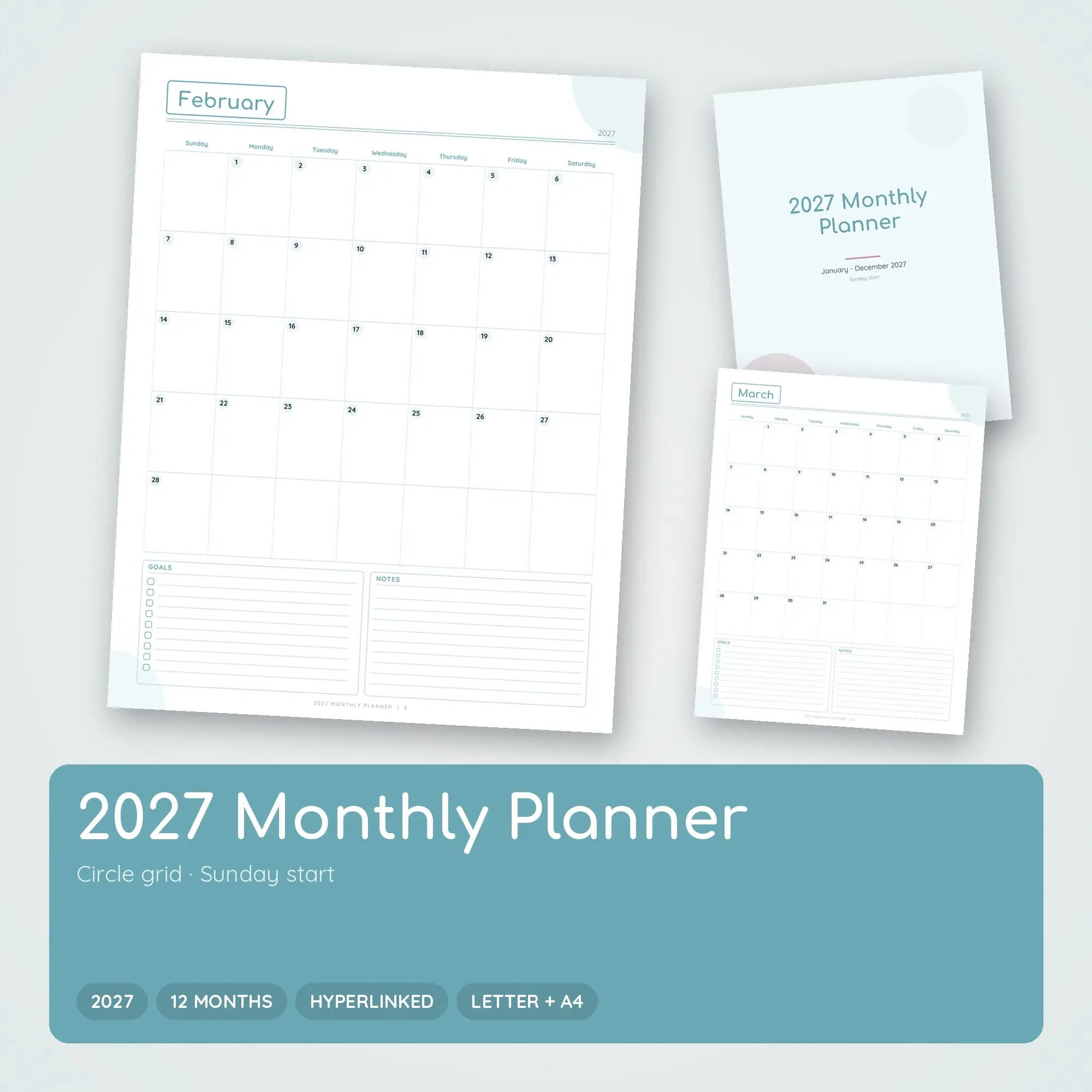 2027 Digital Monthly Planner, Hyperlinked PDF + Printable, Glacier preview