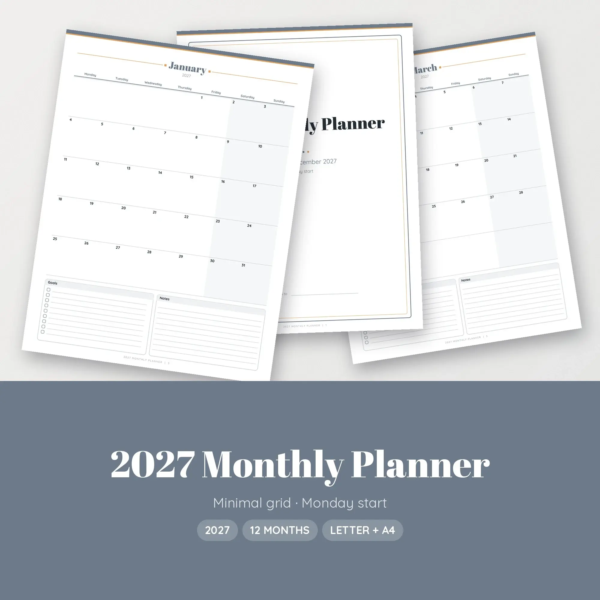 2027 Monthly Calendar Printable - Minimal Grid, Monday Start (US Letter A4) preview
