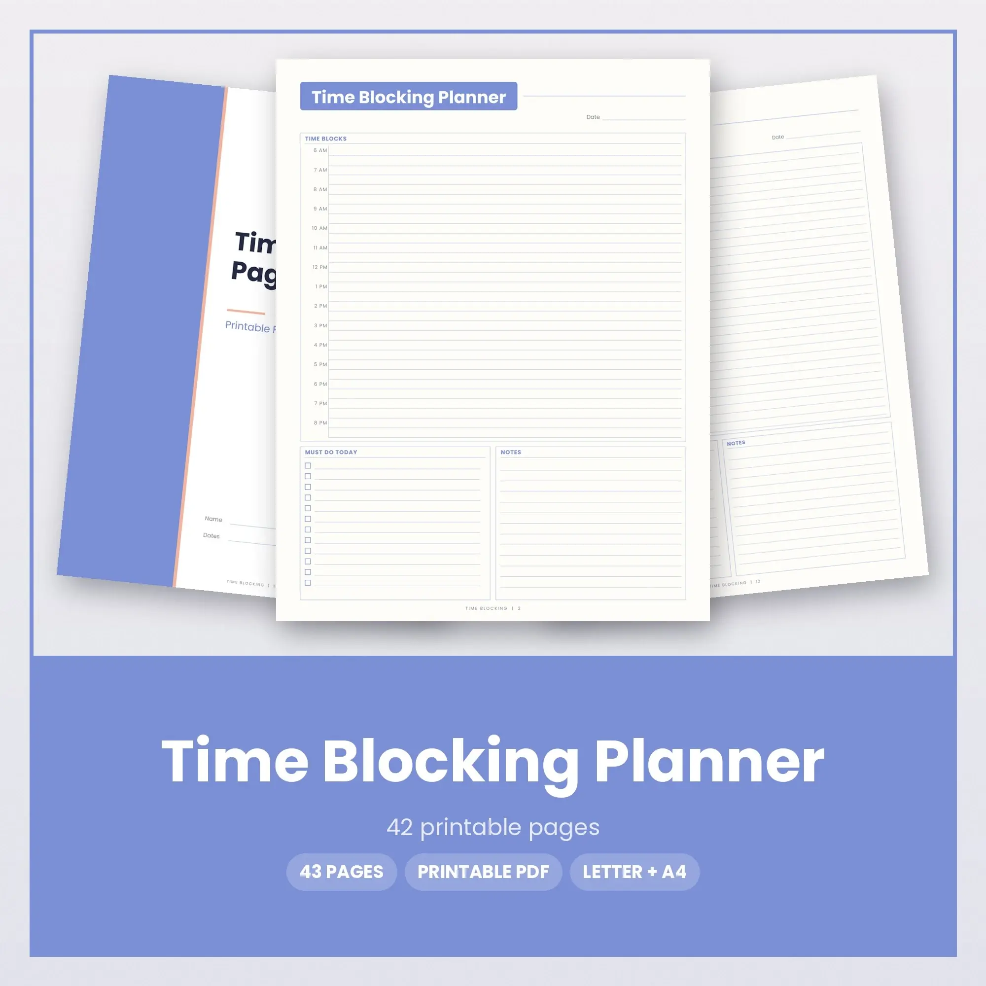 Time Blocking Printable PDF, Minimalist Periwinkle Pages preview