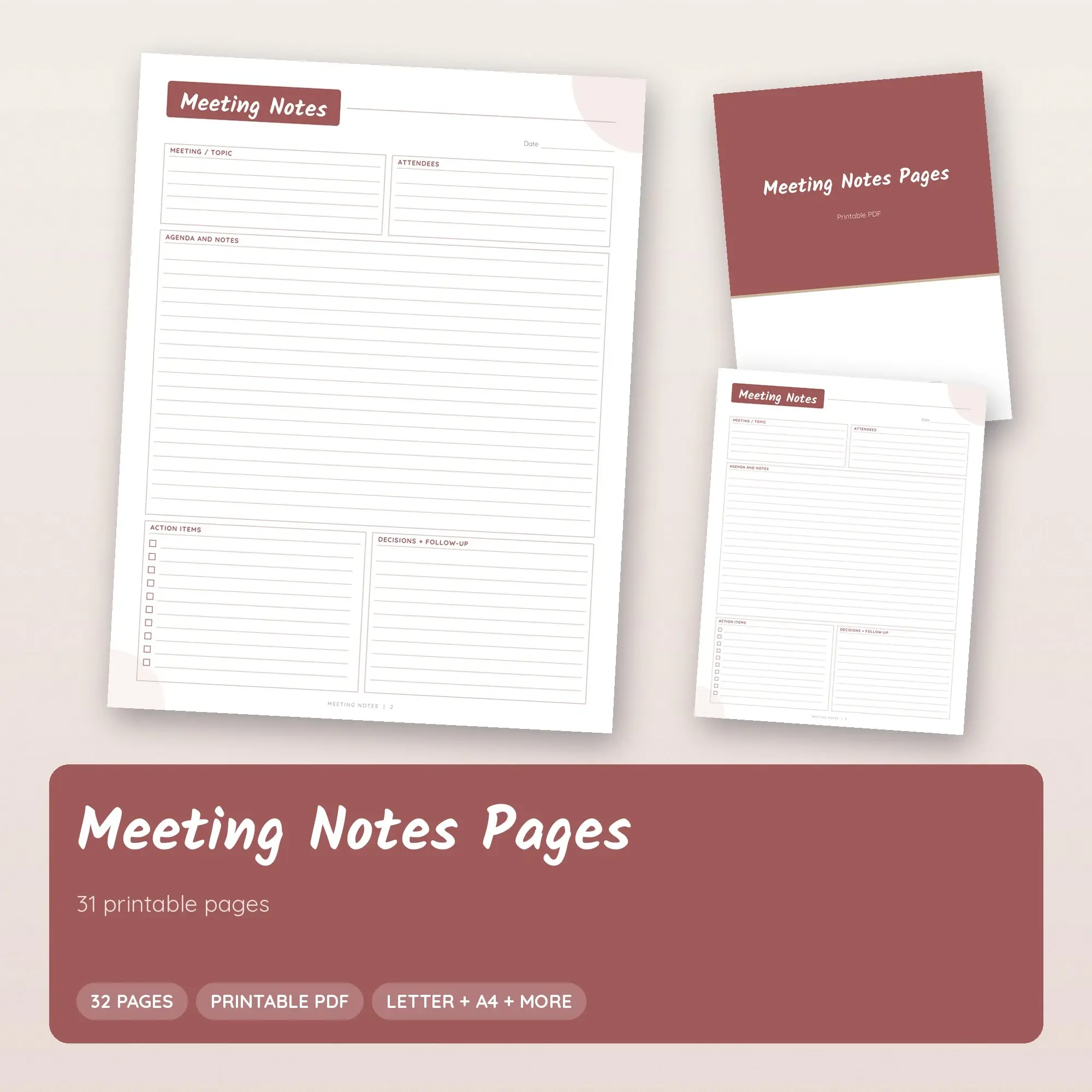 Meeting Notes Template Printable PDF, Rustic Rosewood Pages preview
