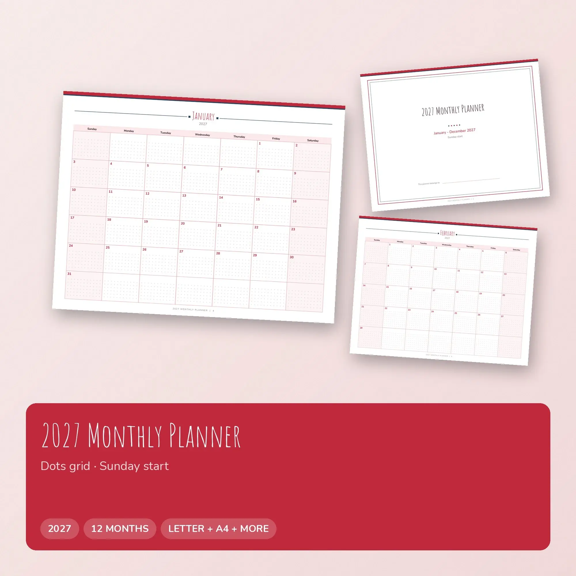Cherry 2027 Monthly Calendar Pages, Letter A4 PDF preview