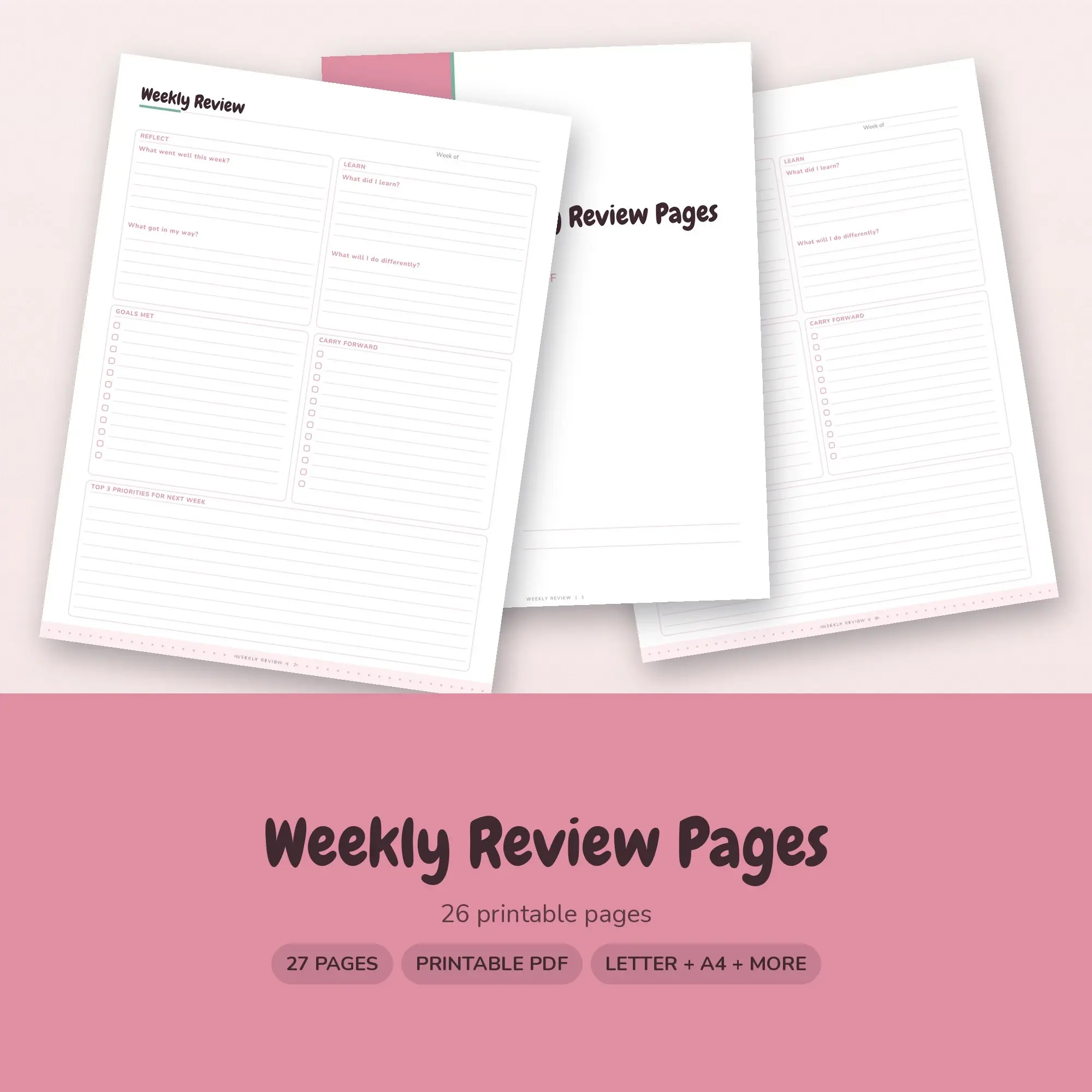Weekly Review Printable PDF, Cute Blush Pages preview
