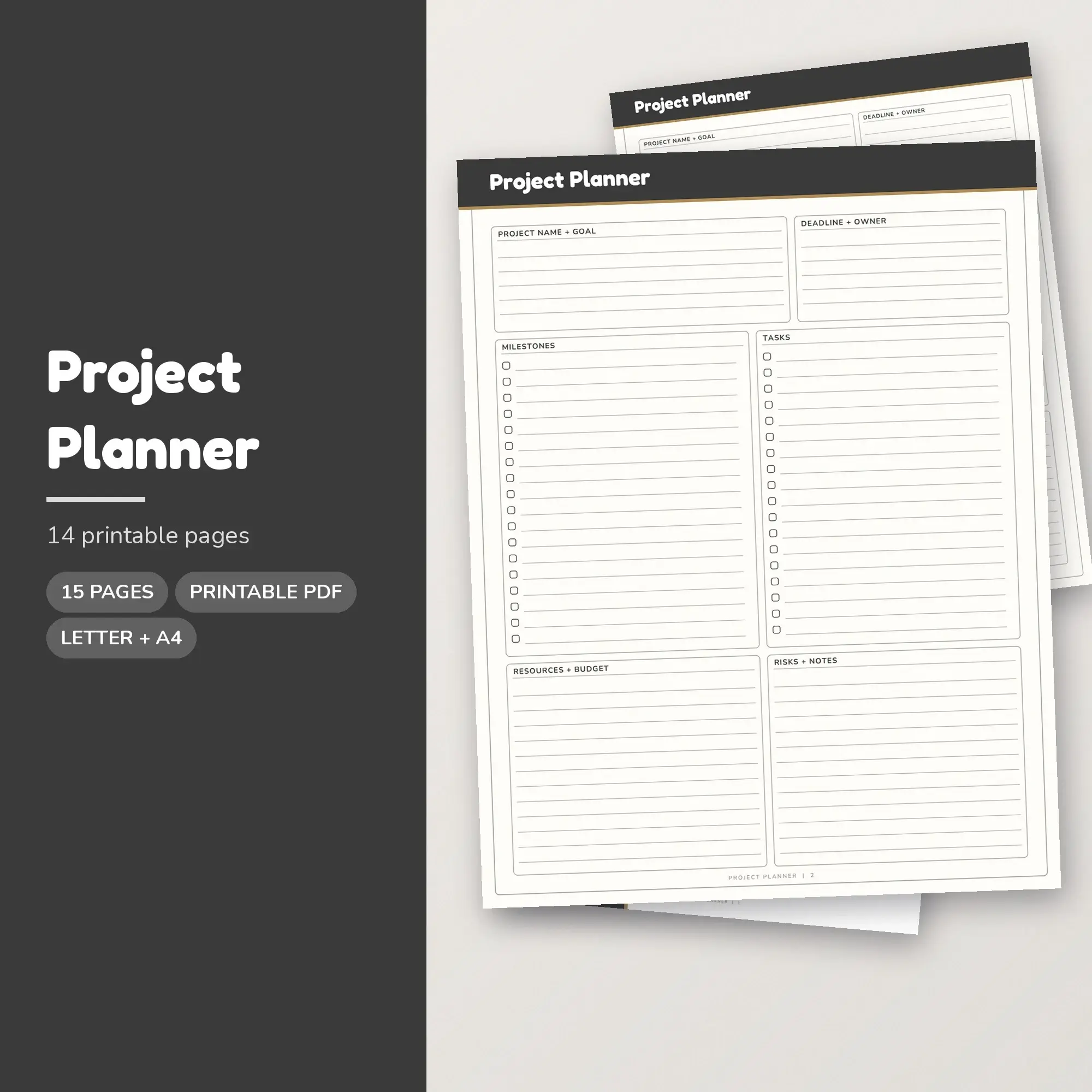 Cheerful Project Planner Printable, Charcoal, Letter A4 preview