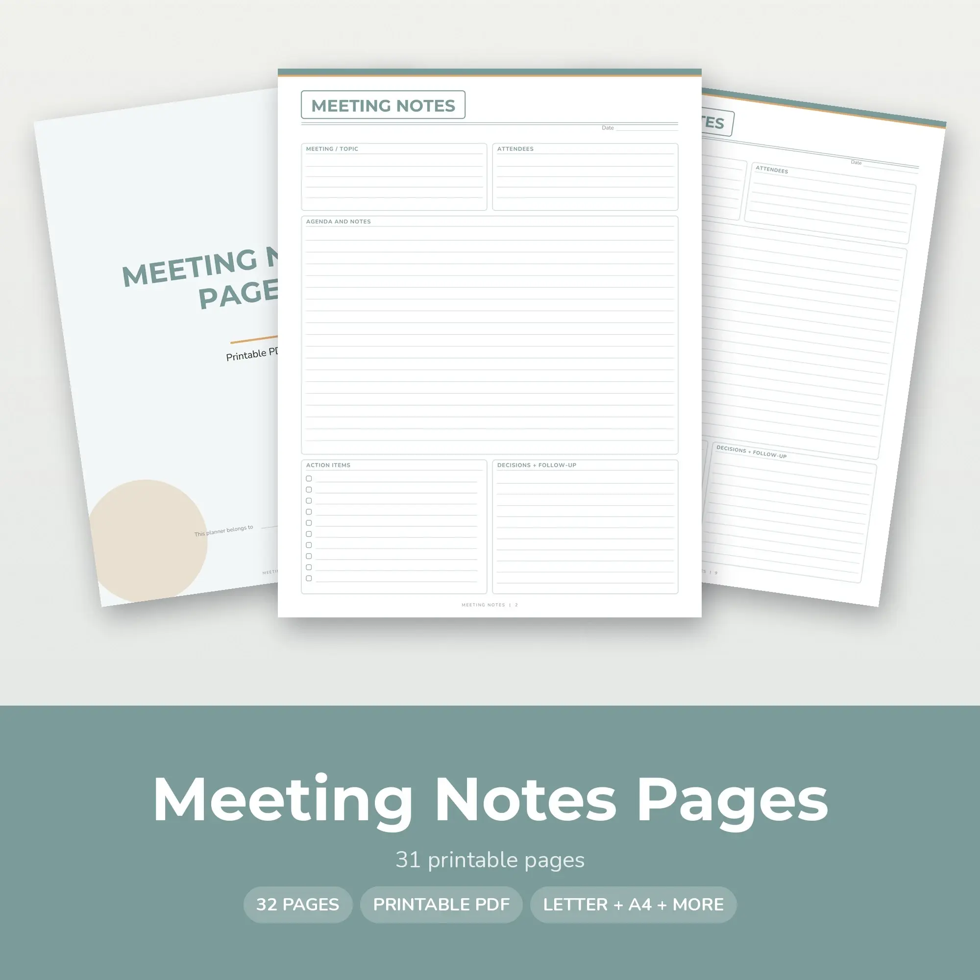 Simple Meeting Notes Template Printable, Seafoam, Letter A4 preview