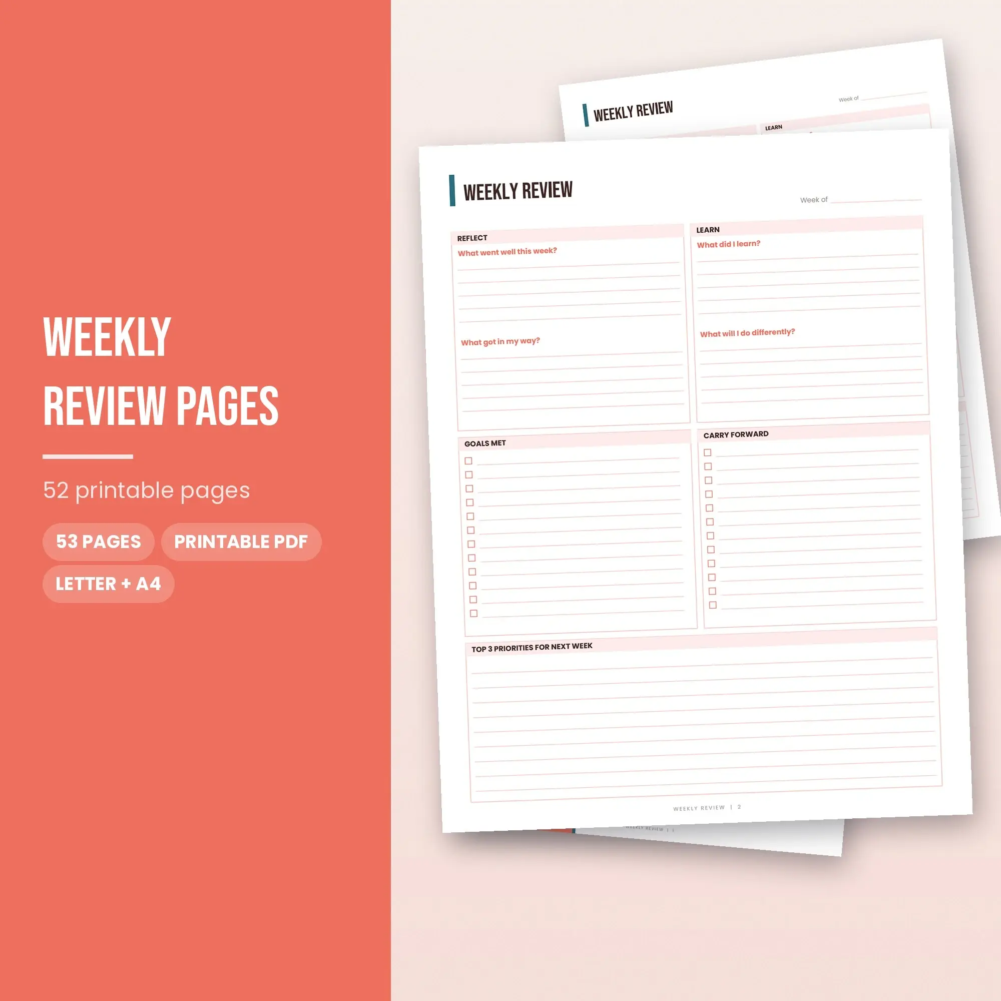 Vibrant Weekly Review Printable, Coral, Letter A4 preview