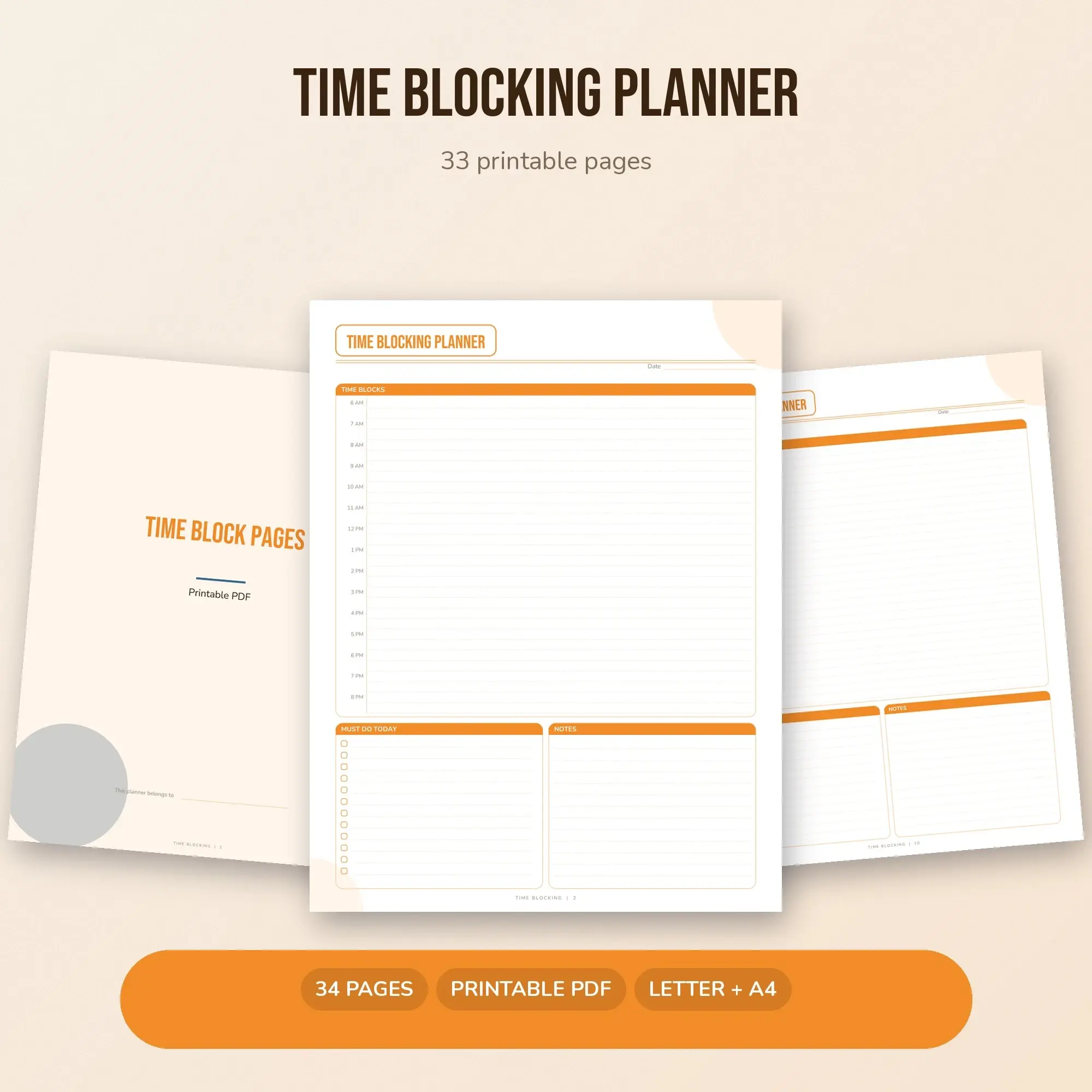 Printable Time Blocking Pages, Tangerine, Productivity Planner preview