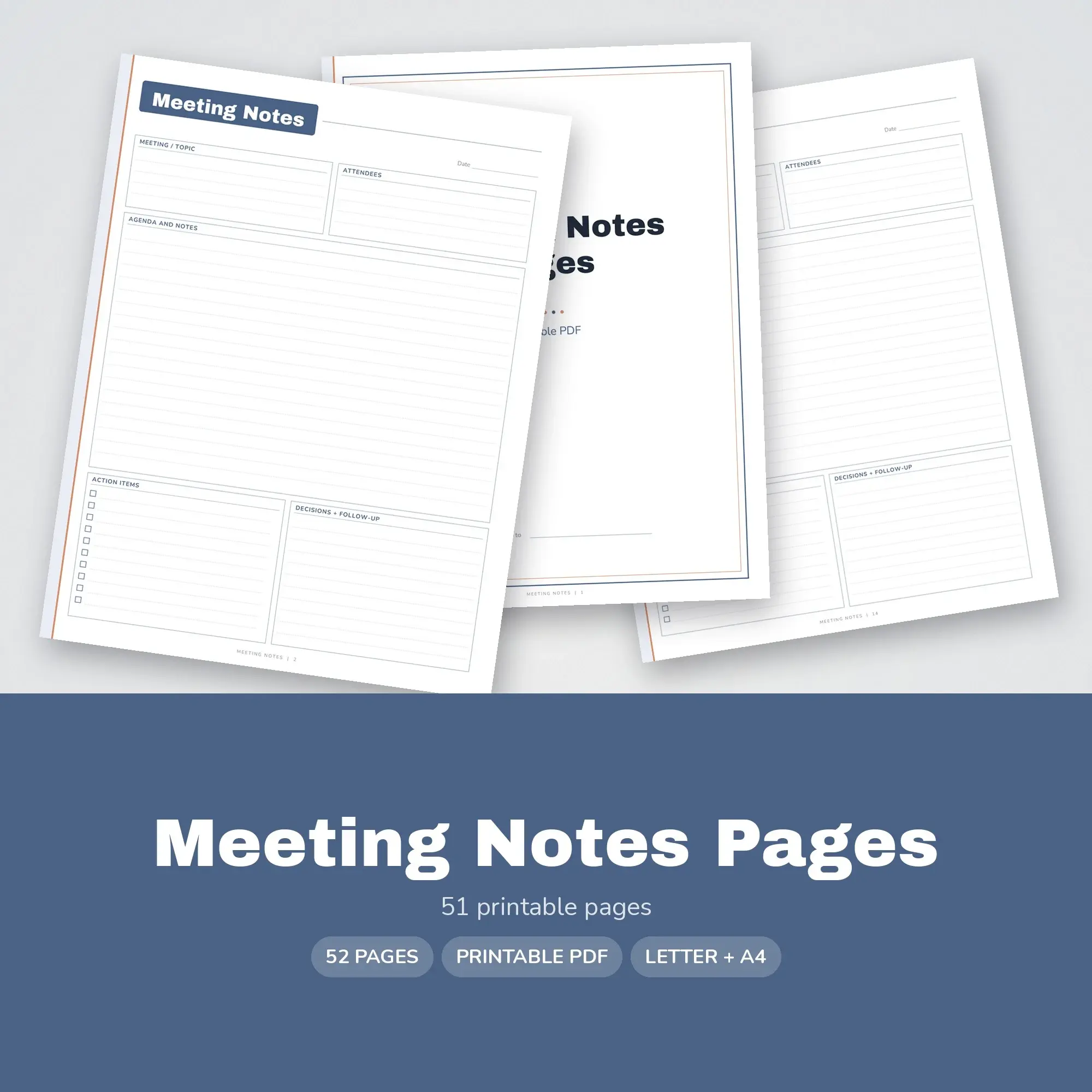 Printable Meeting Notes Pages, Slate Blue, Productivity Planner preview