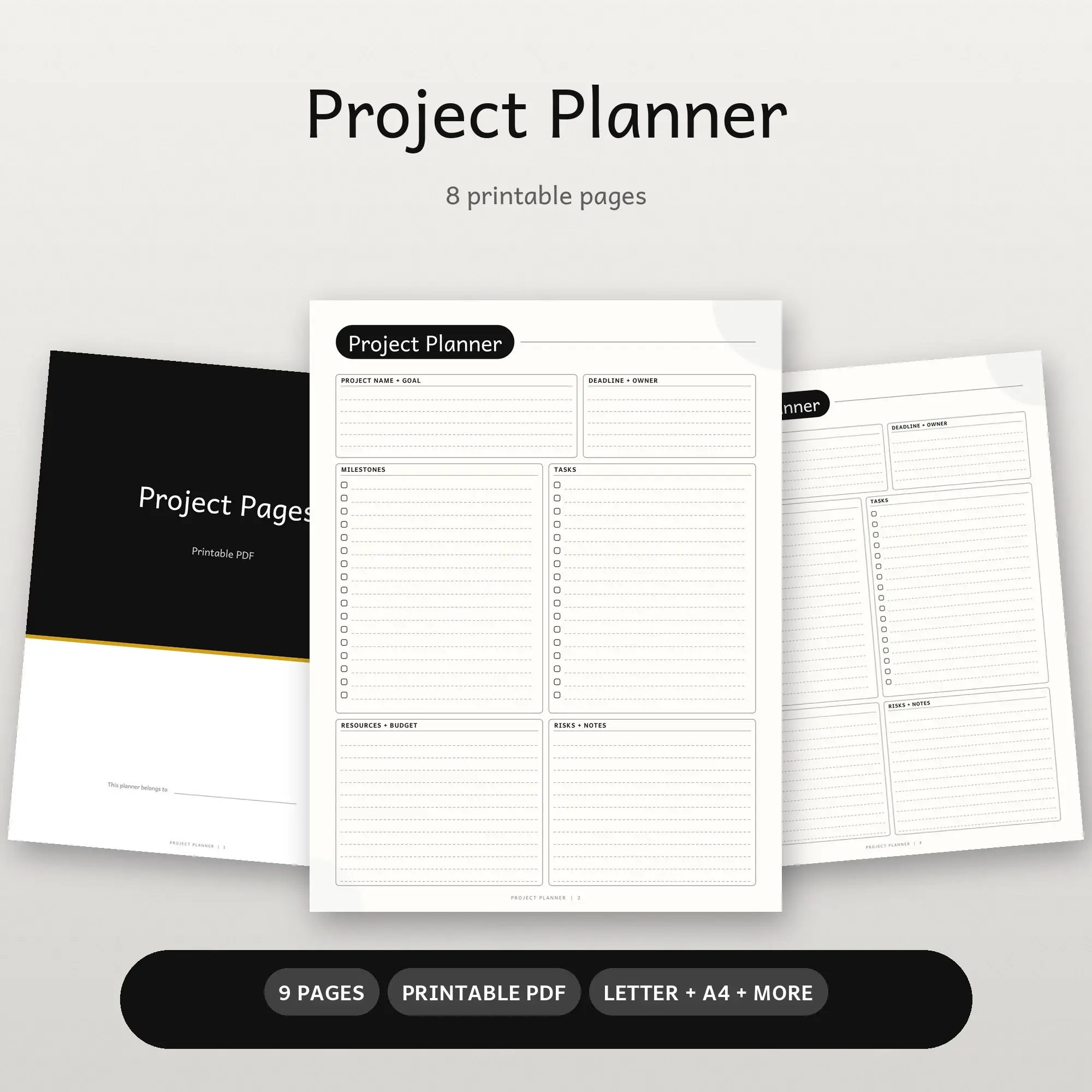 Printable Project Planner Pages, Ink Black, Productivity Planner preview