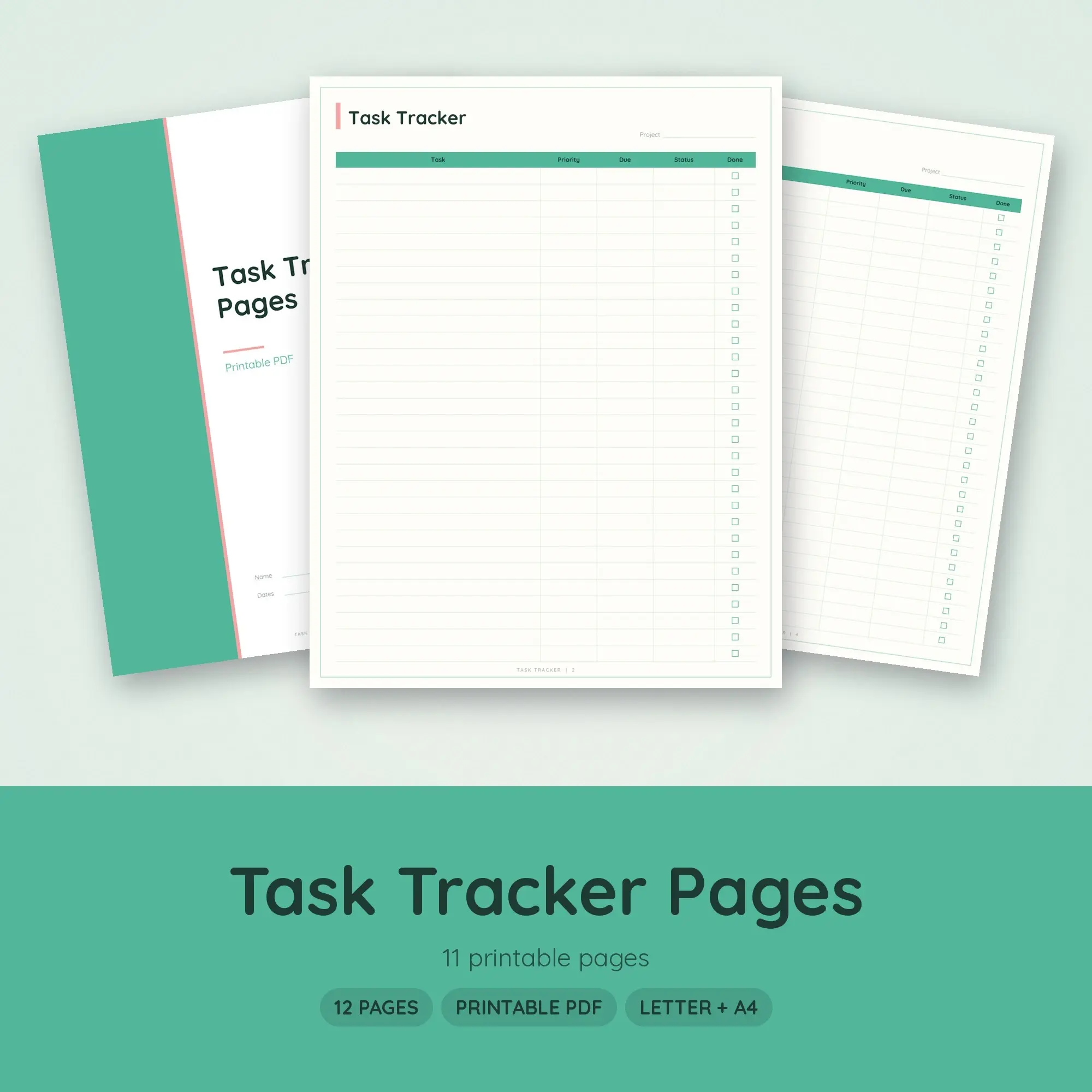 Printable Task Tracker Pages, Mint, Productivity Planner preview