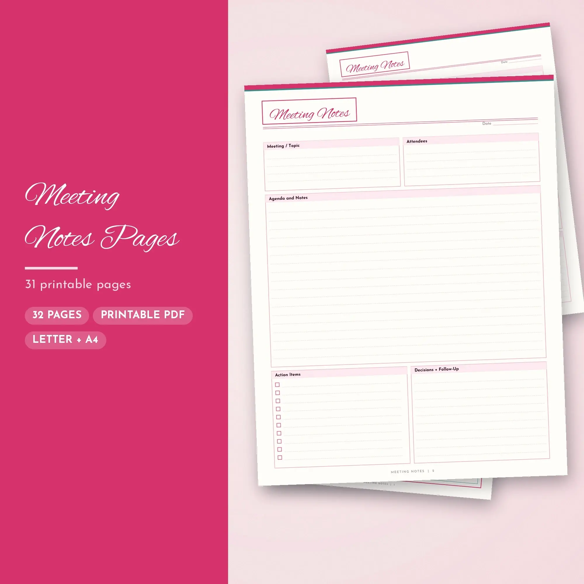 Meeting Notes Planner Pages PDF - Raspberry Romantic preview