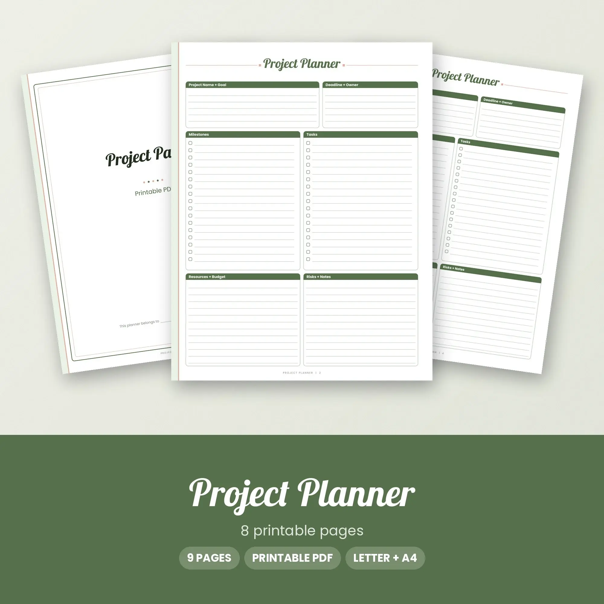 Project Planner Planner Pages PDF - Moss Boho, preview 1 of 2