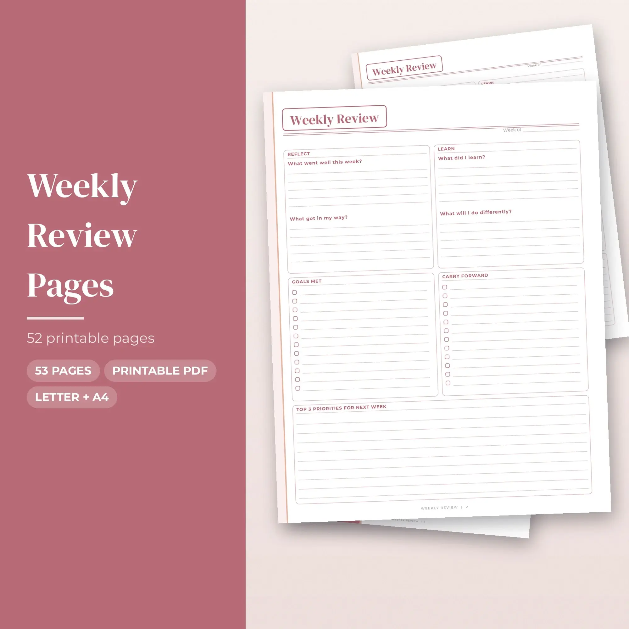 Weekly Review Planner Pages PDF - Dusty Rose Elegant preview
