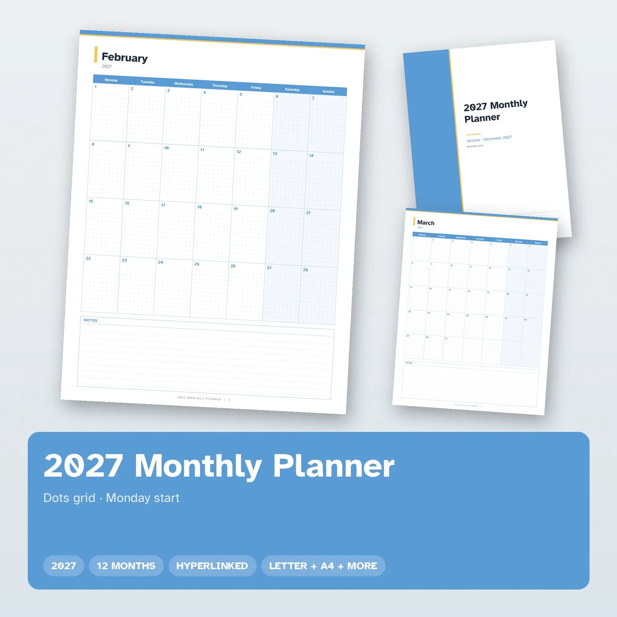 2027 Monthly Planner Clickable Tabs PDF, Digital + Print, Sky Blue preview